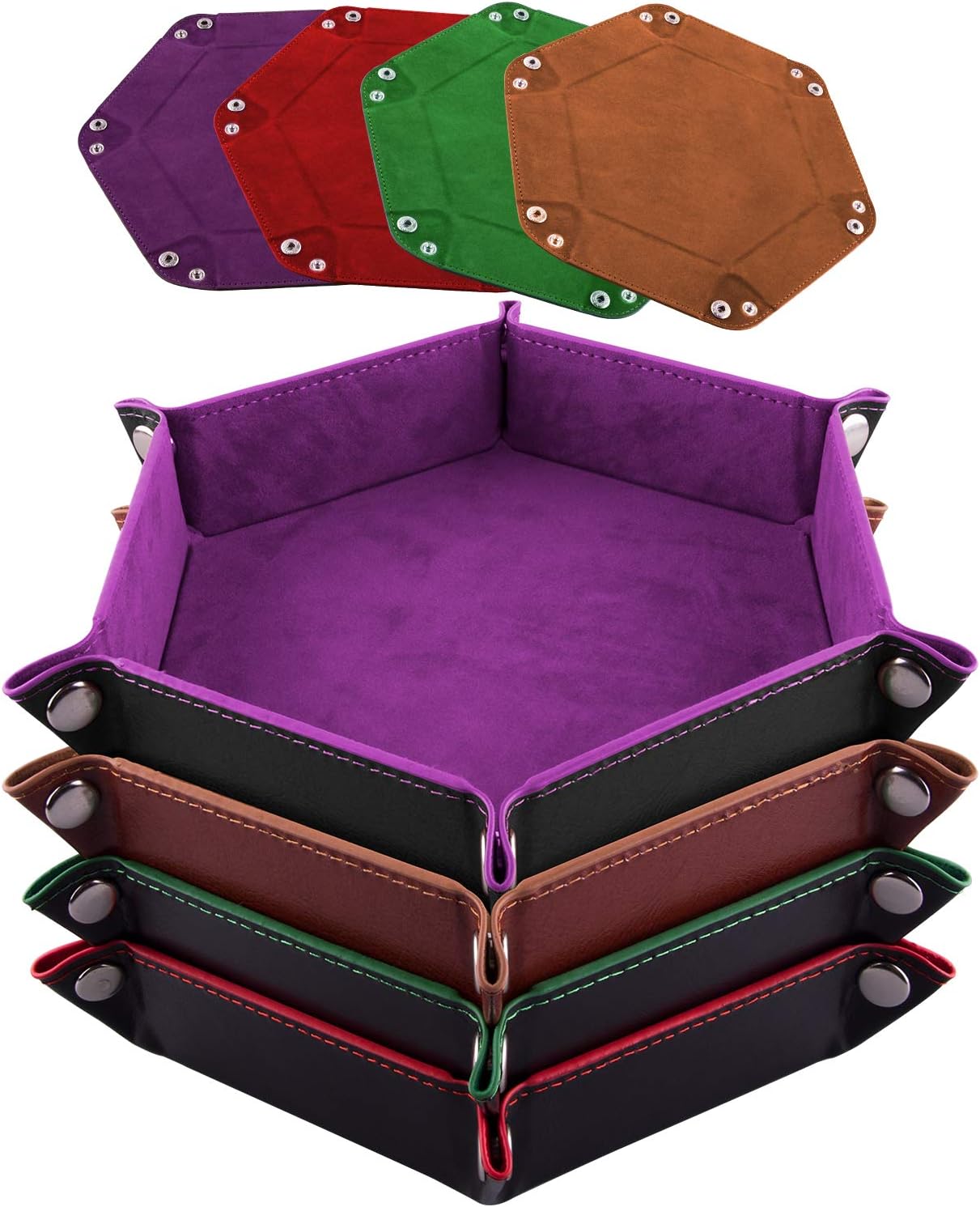 SIQUK 4 Pieces Dice Tray Hexagon Dice Rolling Tray Folding PU Leather Velvet Dice Tray for Dungeons and Dragons RPG DND Dice Game, 4 Colours