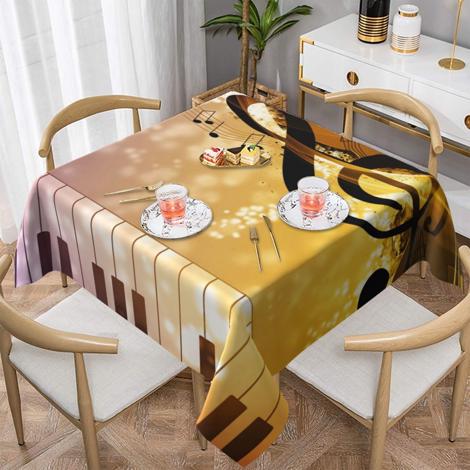DCEHGEW Piano Violin Music Notes Prints Square Tablecloth 152x152 CM, Waterproof Fabric Table Cloth for Dining Table, Farmhouse Table Cover for Kitchen Dining Tabletop Decoration