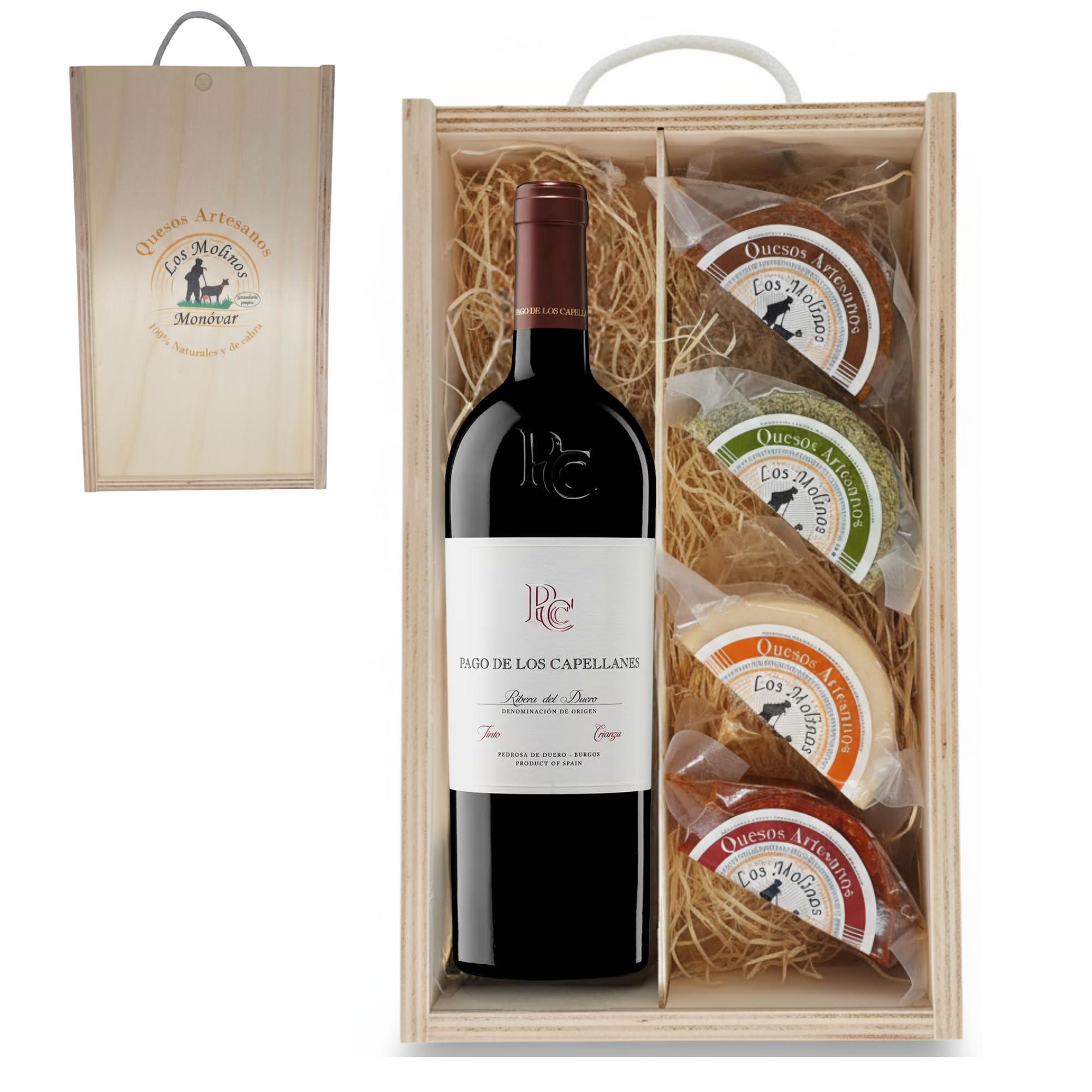 Estuche Gourmet 4 Quesos Artesanos de Leche Cabra con Botella Vino Tinto Pago de los Capellanes | Caja de Madera | Queso Semicurado, Romero, Pimentón y Curado | Regalo Gastronómico | Ganadería Propia