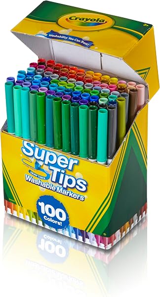 A vibrant collection of 100 CRAYOLA Washable SuperTips Markers, neatly arranged in their storage box.