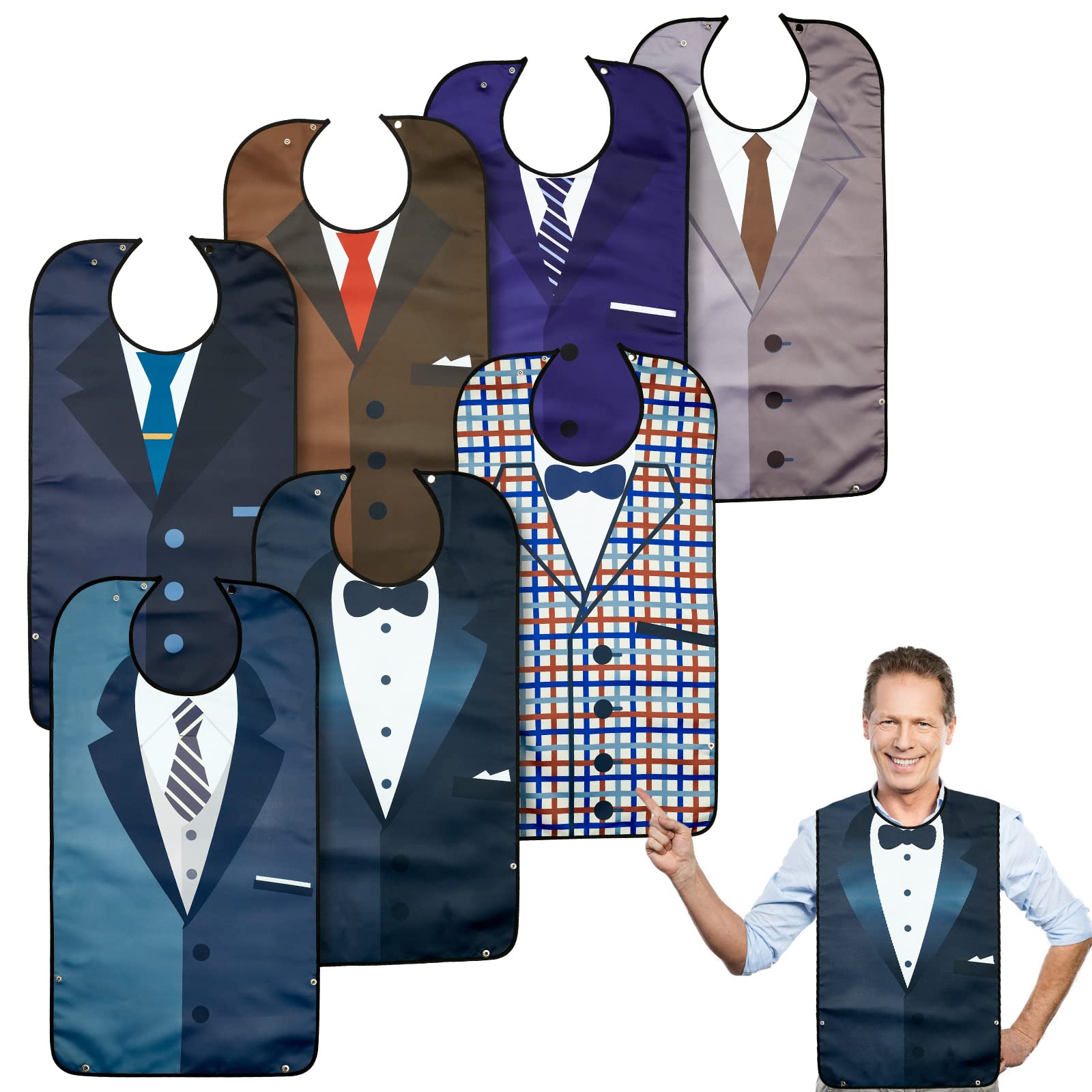 TOCKONIMN Adult Bibs for Men Eating Washable Waterproof - 7 Pack Bib for Reusable Elderly Adults Crumb Catcher Senior Citizens Dining Adjustable Snap