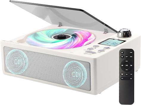 CD Player Portable, Desktop CD Players for Home with Cable and Adapter, Dual Speakers, Support Opt/USB/TF Card/AUX/FM with Remote Control, LCD Display, 3.5mm Headphone Jack, White