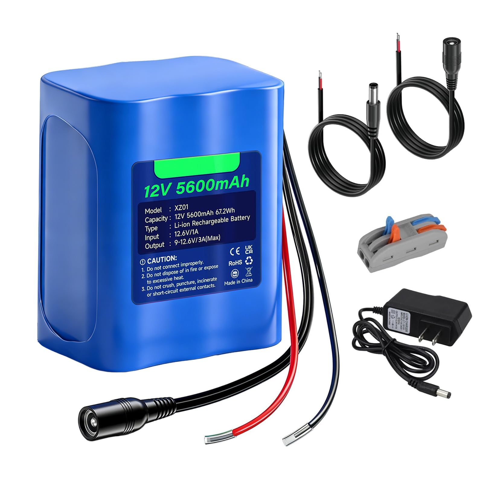 12V 5600mAh Rechargeable Battery Lithium with Charger, Bare Leads Wire Battery Pack Compatible with 12V Devices, DIY Project, Speakers, RC Car, Robot Toys, LED Light Strip, CCTV Camera etc
