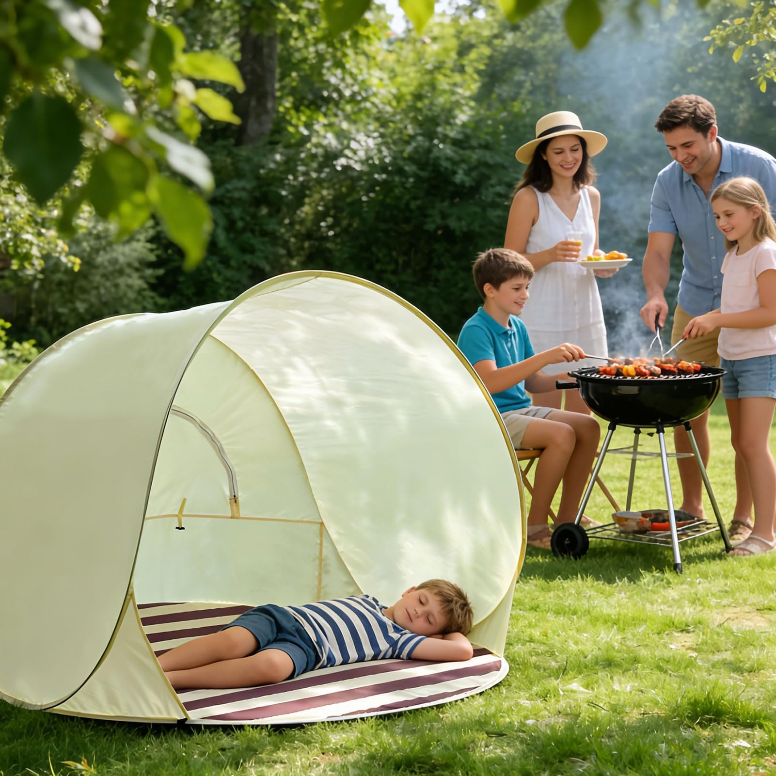 Tente De Plage Pop Up avec Protection UV XXL, 3-4 Personnes UPF 40+,Tente Plage Bebe Anti UV,Tente De Plage Jetable, Protection UV Et Pare-Vent, Abris De Plage, Protection Solaire Pop-up