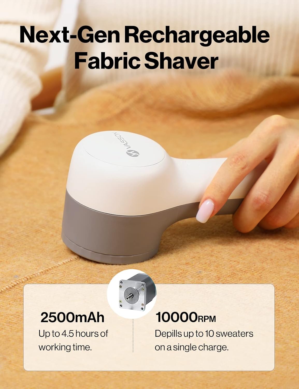 VASSON Fabric Shaver, Sweater Shavers to Remove Pilling, High-Perf Defuzzer, Rechargeable Electric Lint Shaver for Fuzz and Lint Balls from Clothing, Upholstery (Greyish White)