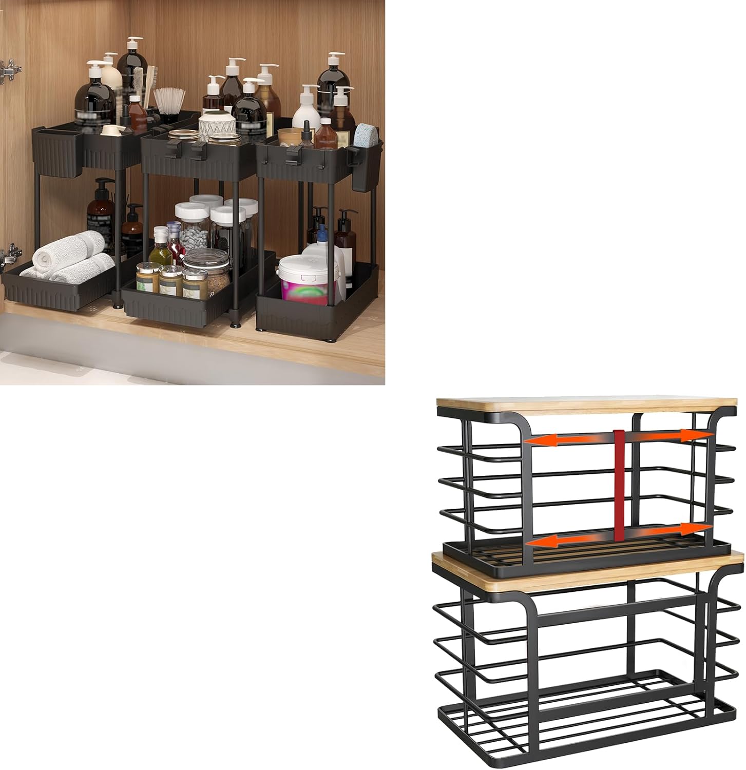 3 Pack Under Sink Organizers with Sliding Drawers & 2 Pack Stackable Trash Bag Holder with Bamboo Top