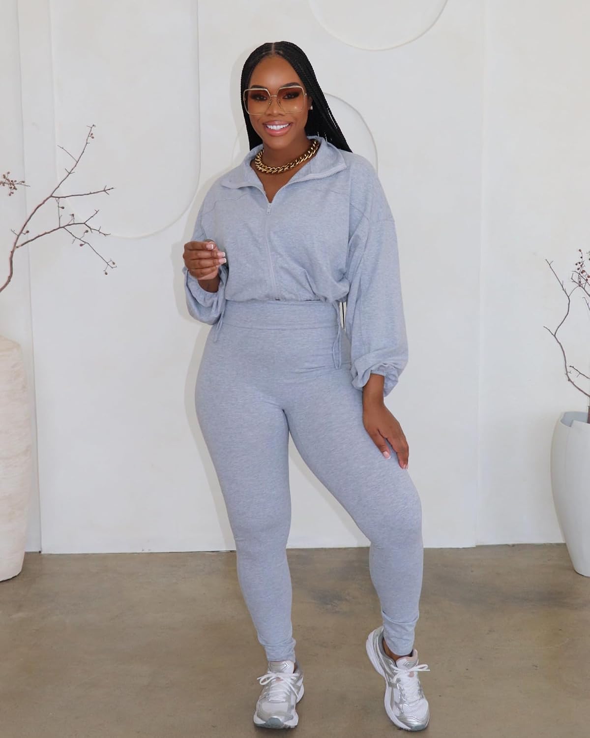 Two Piece Sets for Women Workout Set Crop Top Zipper Long Sleeve High Waist Casual Tracksuit Sweatsuits