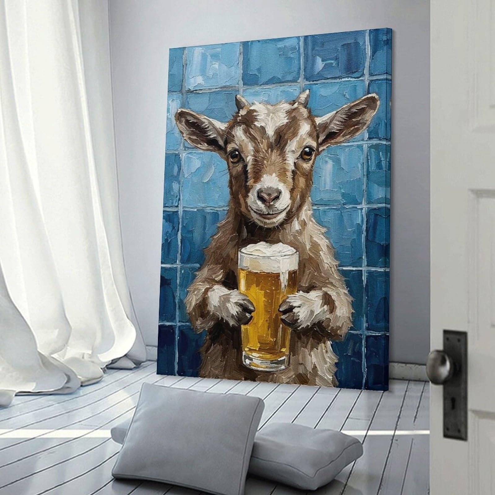 Junmoney Goat with Beer Painting Canvas Art Print 08x12inch(20x30cm), for New Homes, Bedrooms Or Workspaces, Gift Idea for Housewarming And Birthdays