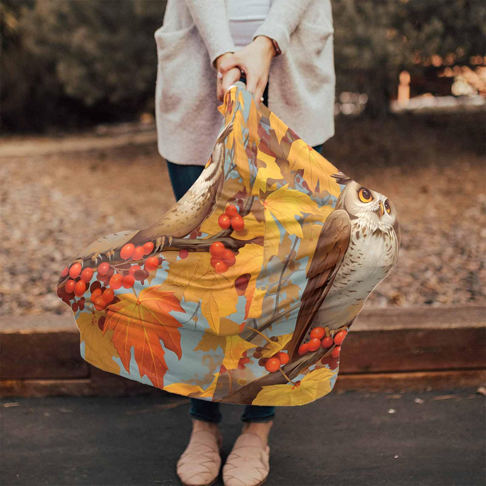 Nursing Cover for Breastfeeding Scarf, Cartoon Owls Maple Leaves Berries Fall Baby Car Covers Super Soft Multi Use for Canopy Shopping Cart Cover Blanket Stroller Cover