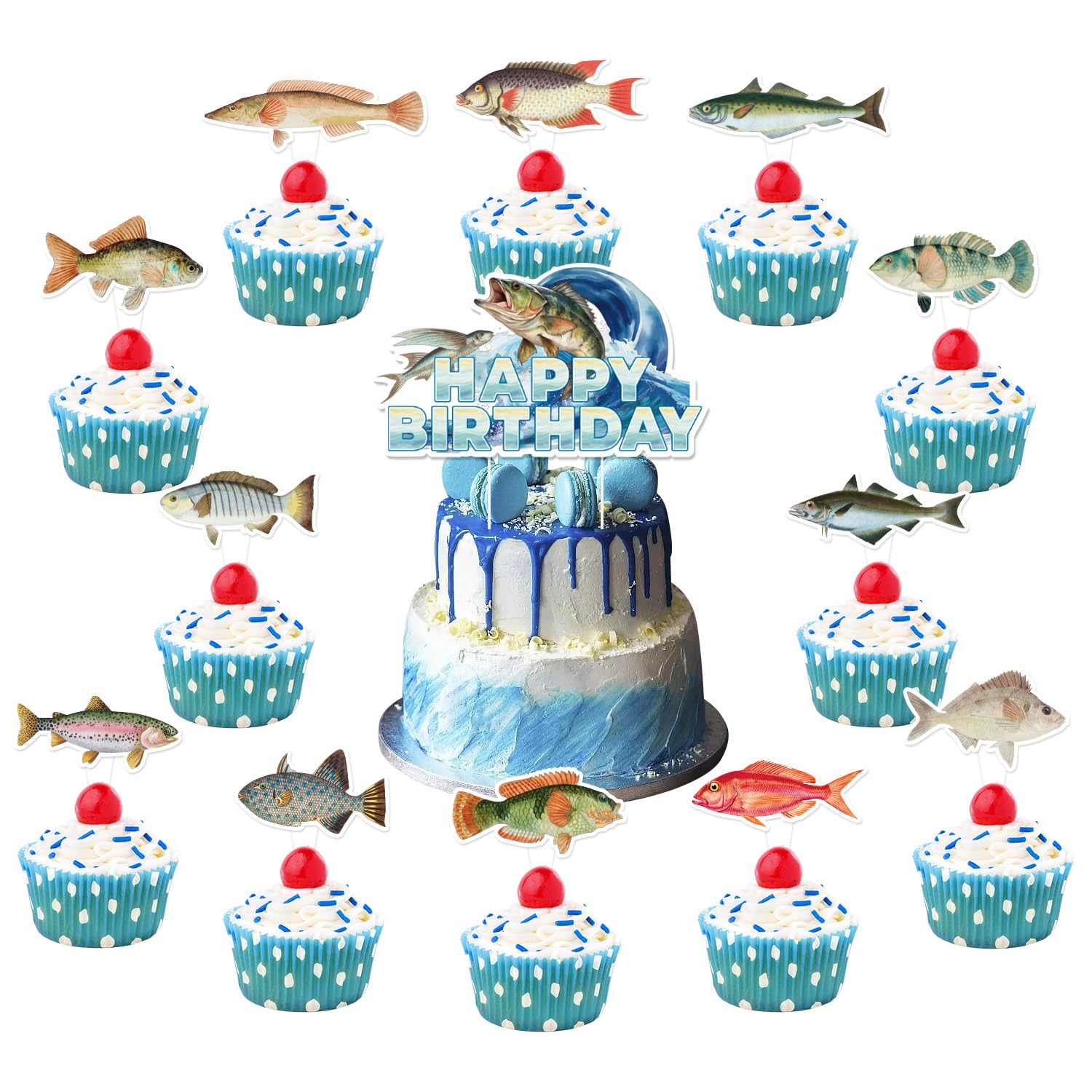 Sea Fish Cake Decorations Set, Ocean Sea Realistic Plenty of Fis Theme Party Supplies Include Fish Happy Birthday Cake Cupcake Toppers for Boys Kids Men Fisherman Fishing Theme Party Supplies