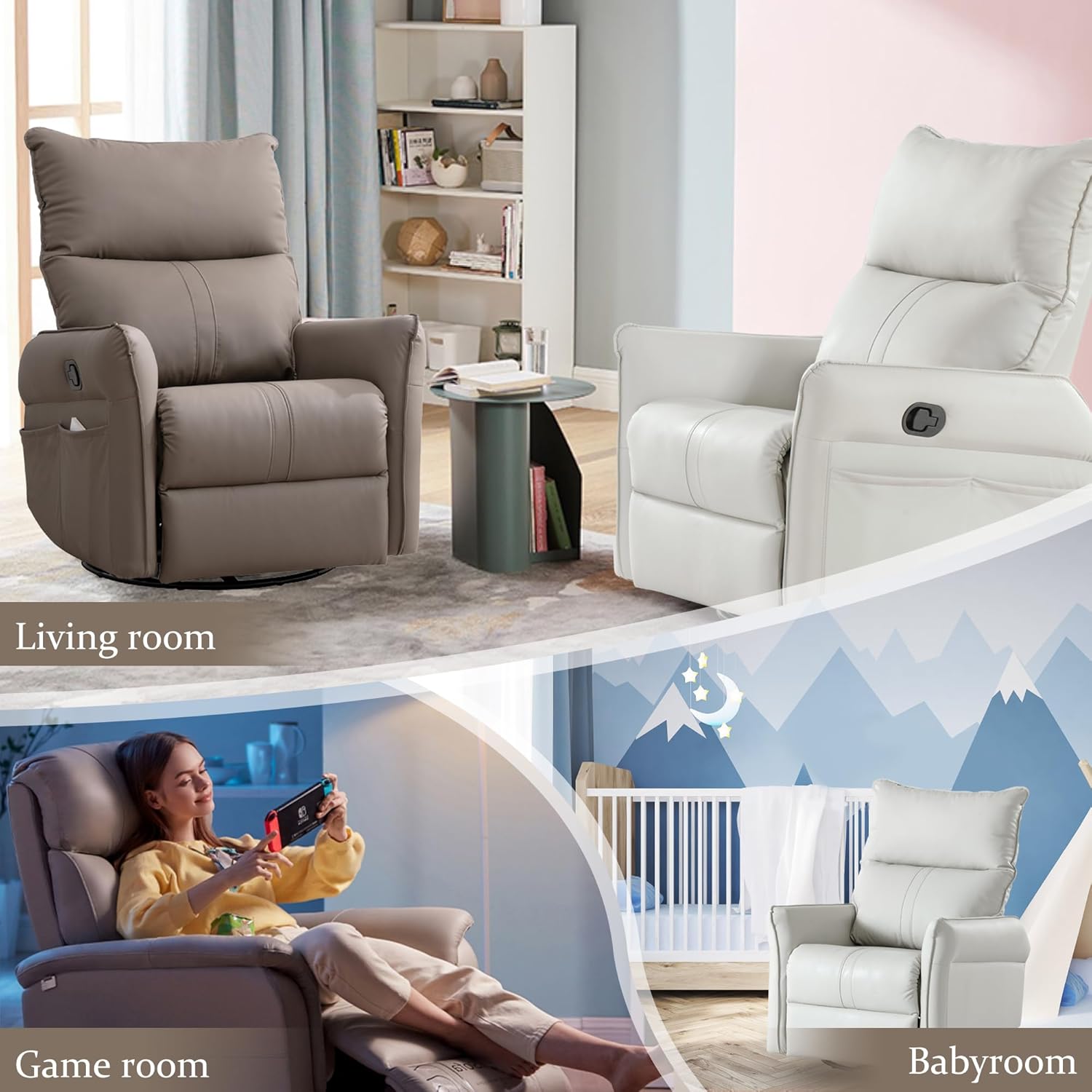 Swivel Rocker Recliner Chair, Upholstered 360° Fabric Leather Glider Rocker Chair for Nursery, Manual Small Recliners for Small Spaces Living Room Weight Capacity 300lbs