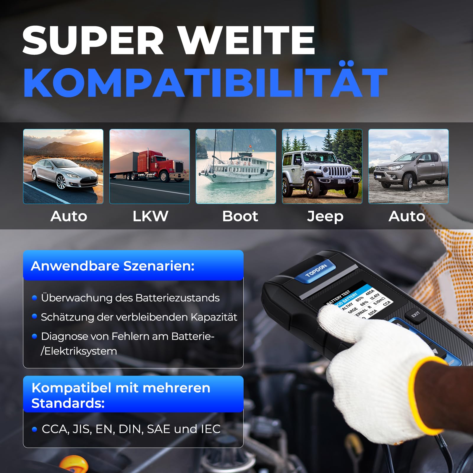 12V 24V Batterietester kfz mit Drucker-TOPDON BT300P, 100-2000 CCA Automatischer Lasttester für Batterie-/Anlass-/Ladesystemtest, Autobatterietester für Auto Motorrad SUV LKW Boot