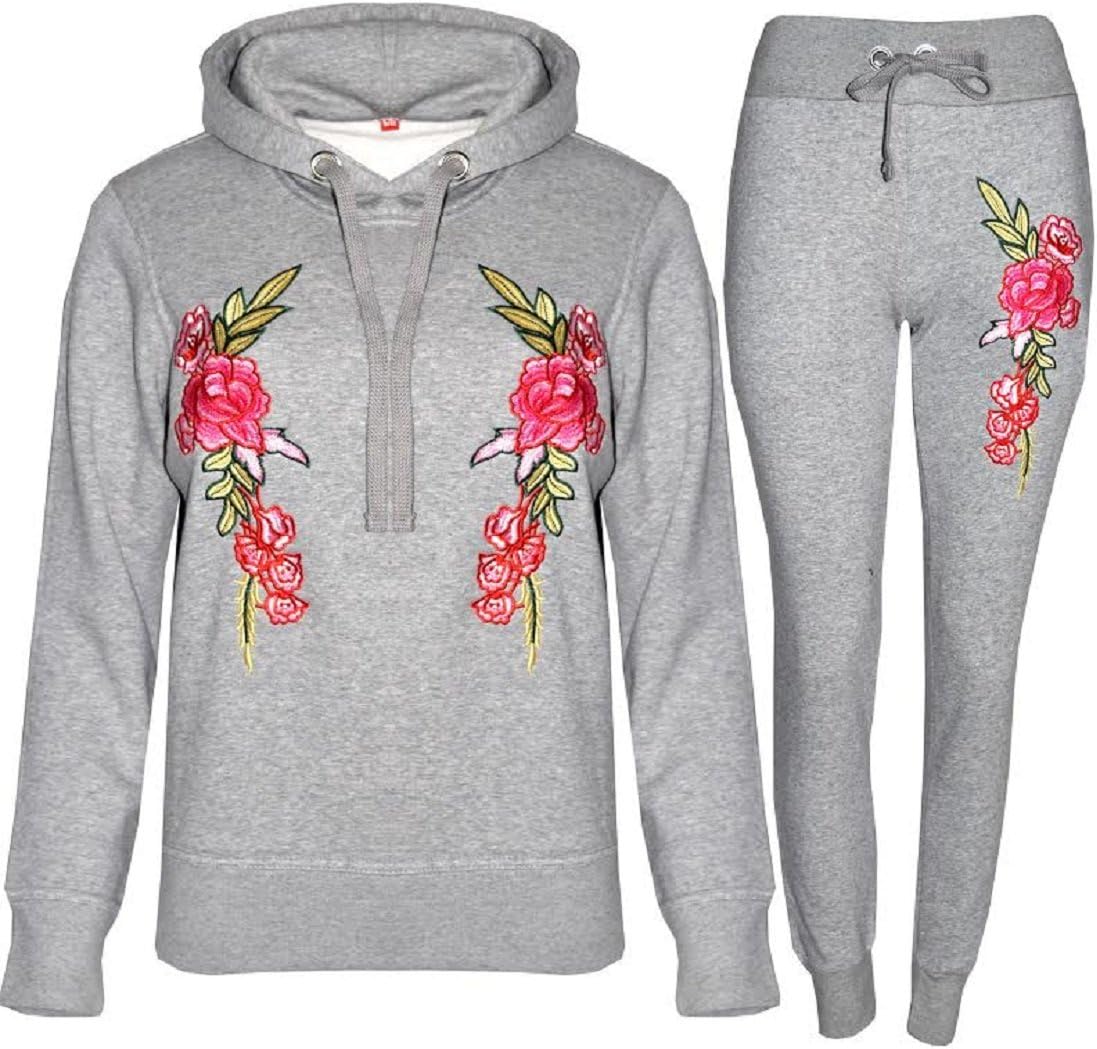 Oasis FashionNew Ladies Women's Rose Embroidered Flower Lounge Wear Tracksuit 2PC S-XL