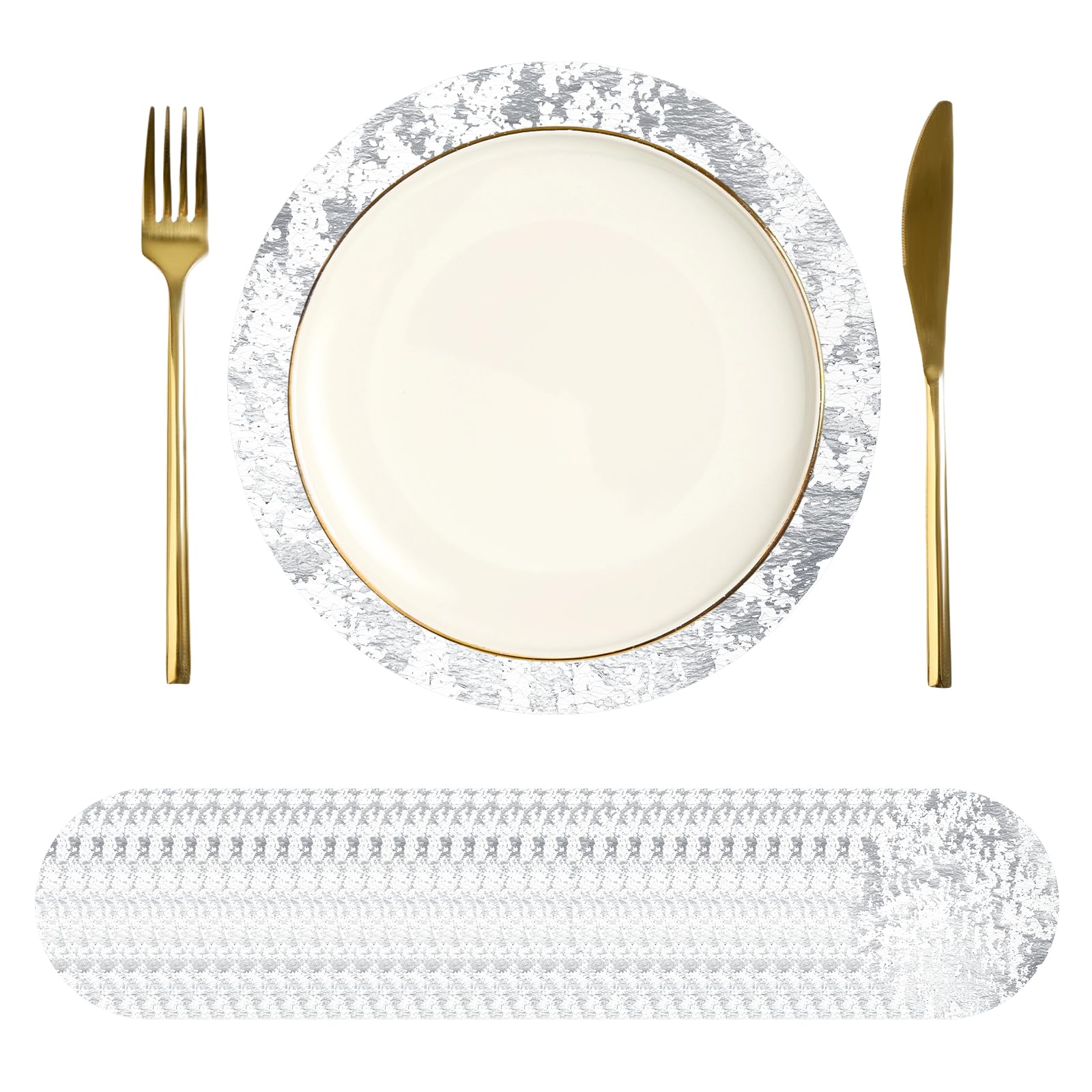 sourcing map 50Pcs Disposable Round Placemats, 33cm Chargers Place Mats Metallic Thin Mesh Table Mates Pressed Foil Table Doilies for Dining Table Wedding Birthday Party Home Decor, Silver