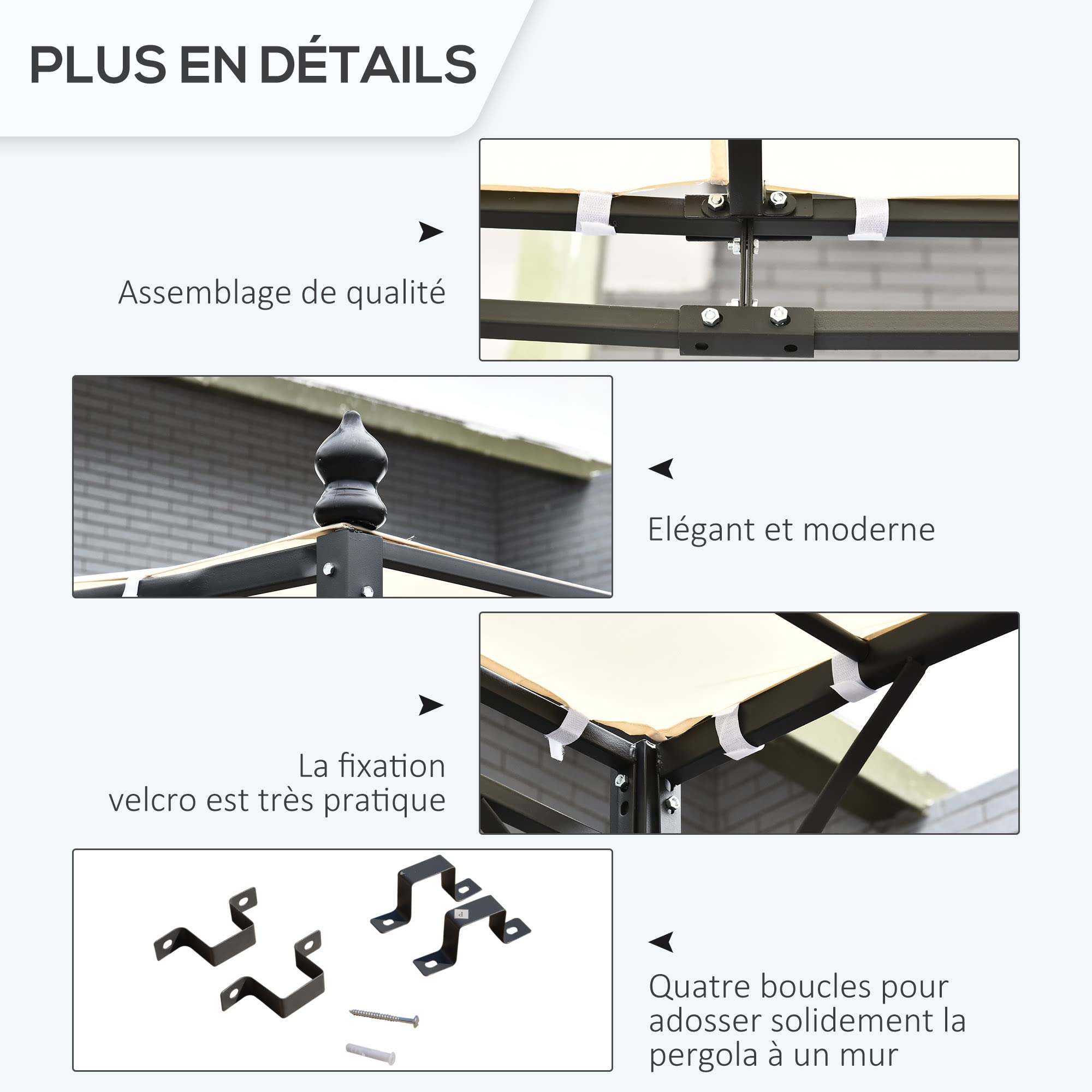 Outsunny Pergola tonnelle de Jardin auvent 3 x 3 m adossable métal Gris Polyester imperméabilisé Anti-UV crème