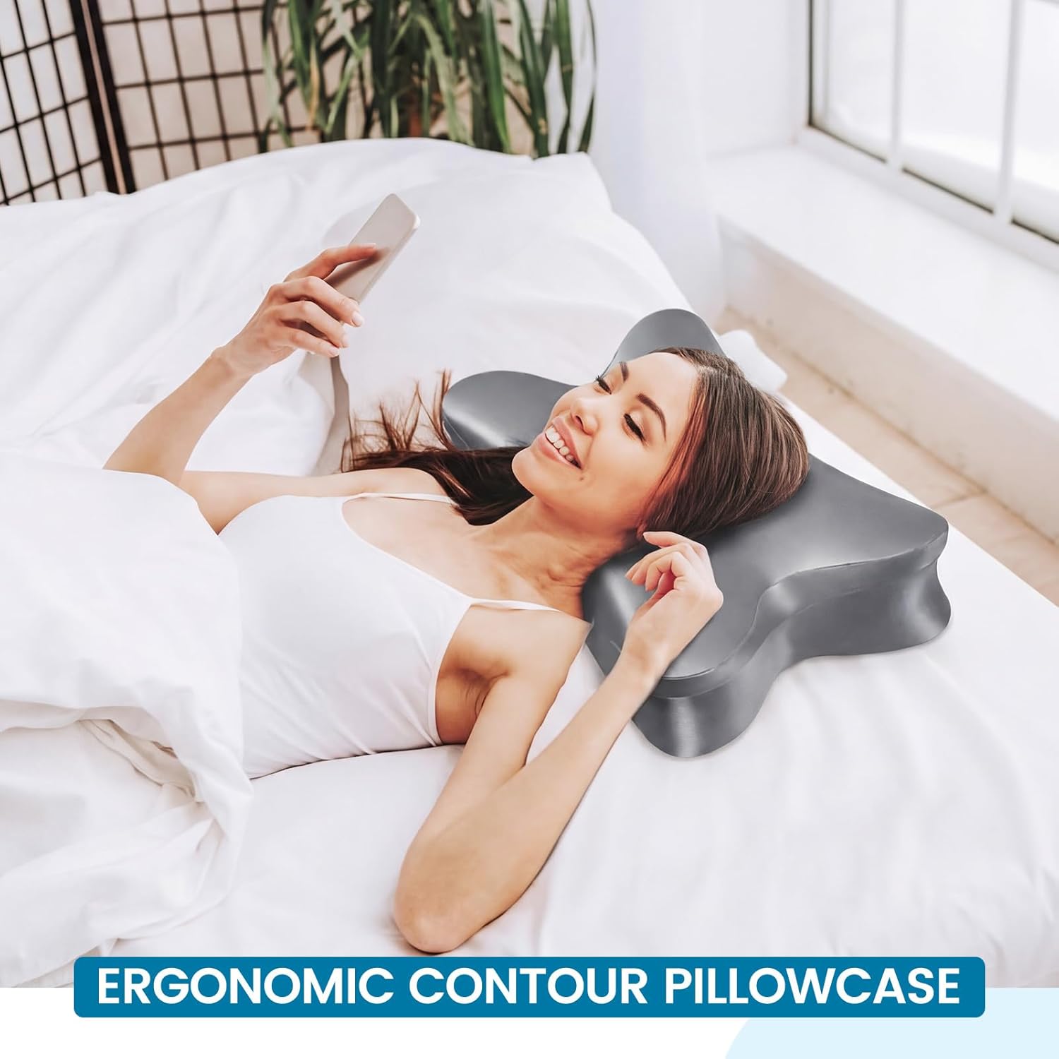Hahafelt Satin Cervical Pillowcase for Pain Relief (Only Pillowcase) Ergonomic Neck Pillow Case with Zipper Pillow Cover Smooth & Soft for Side Back Stomach Sleepers(Butterfly Style,Dark Gray)