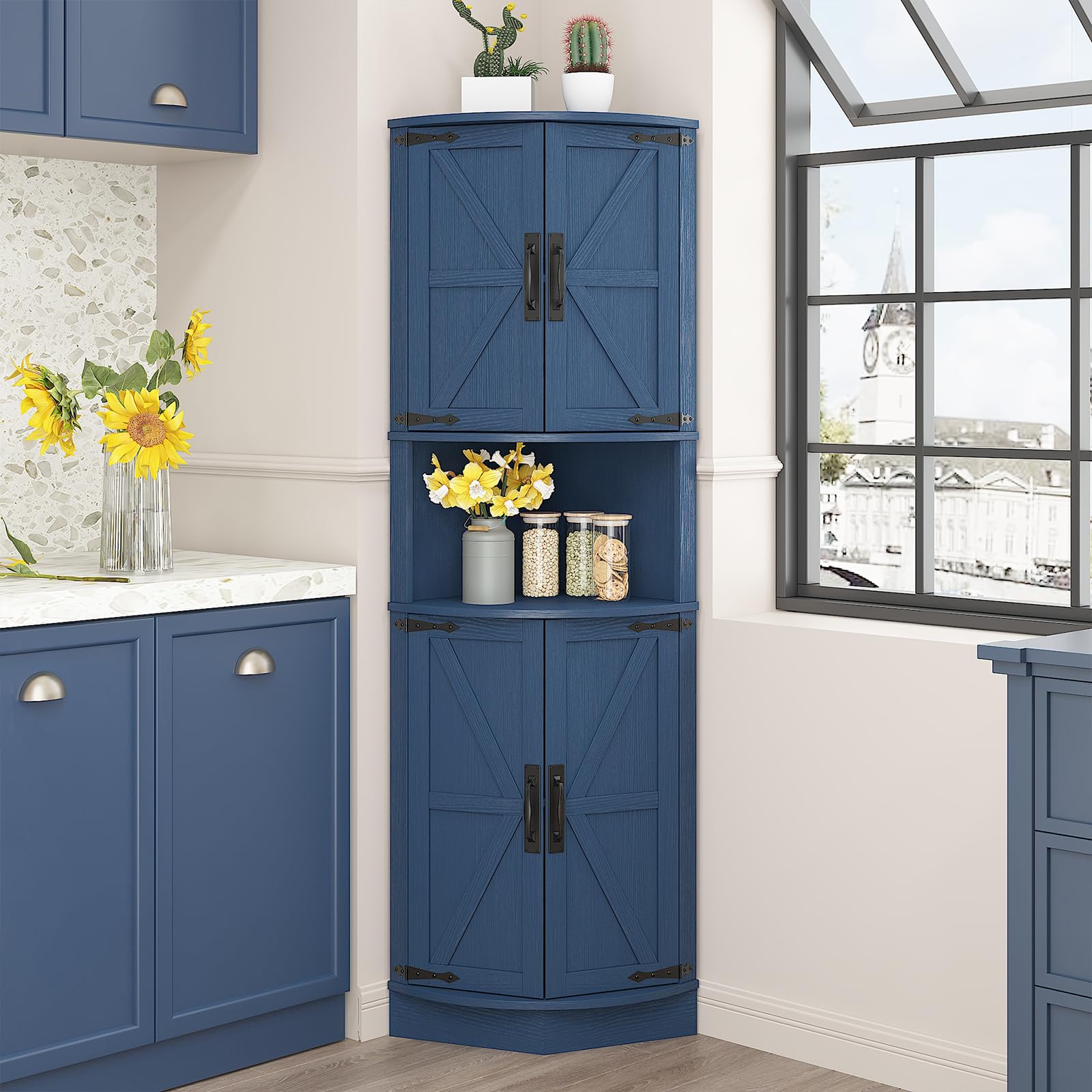Vabches 64.8" Tall Farmhouse Corner Cabinet with 4 Doors and 5 Storage Shelves, Farmhouse Storage Cabinet with Barn Door Design, Home Space Saver for Living Room, Kitchen, Laundry Room,Blue
