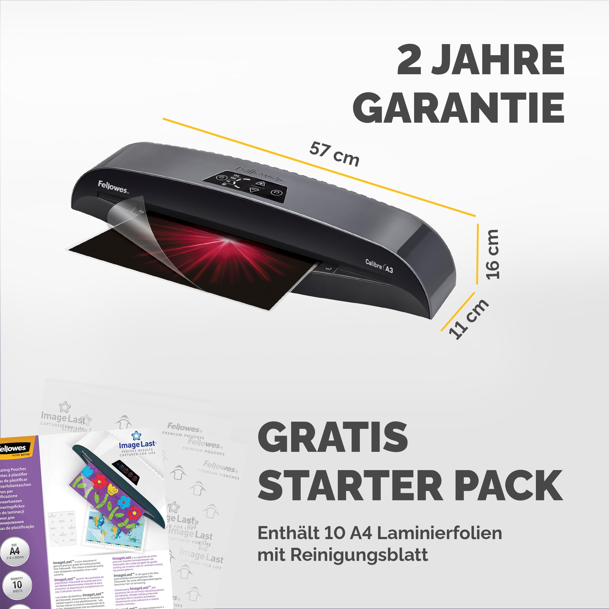 Fellowes Laminiergerät Calibre A3 für 80-125 Micron Folien, nur 60 Sek. Aufwärmzeit, staufreies Laminieren, für Büro und Home Office, inkl. 10 gratis A4 Folien