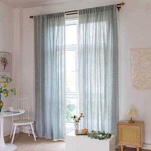 Miniatura 5 de TOPSMCHER Cortinas bohemias de 84 pulgadas, cortinas de lino y algodón rústico con bordado para sala de estar, bolsillo para barra, cortinas