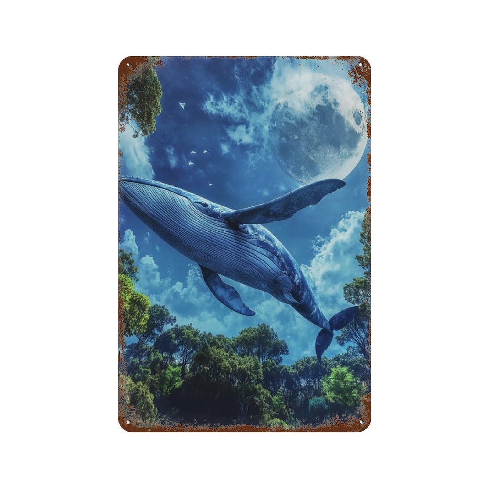 Whale in The Sky Aged Metal Wall Plaque 11.8"x7.9", Rustic Home Decor for Garage, Pub Or Kitchen