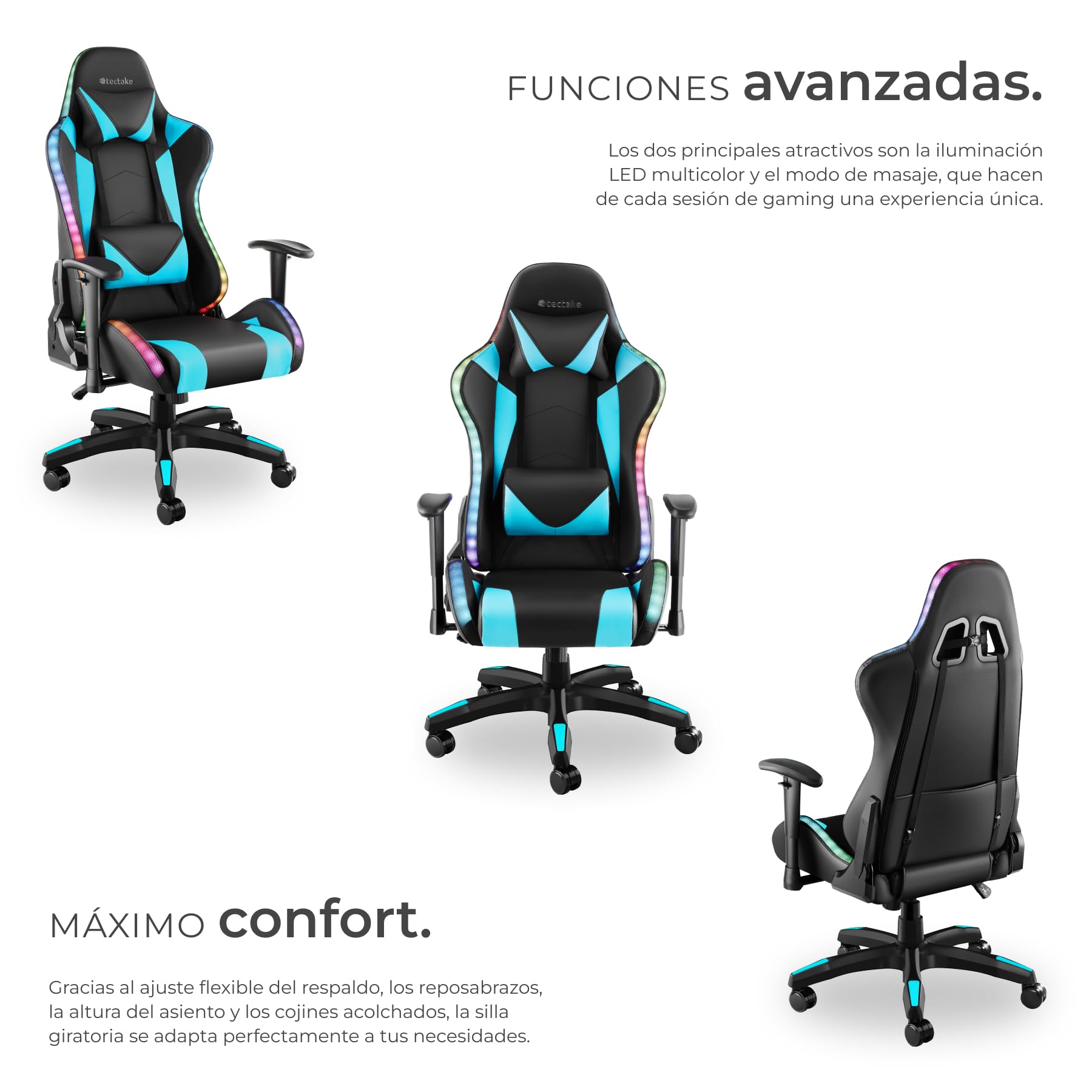 tectake® Silla Gaming, Silla de Oficina Ergonómica con Función Masaje, Iluminación LED, Respaldo y Reposabrazos Ajustables, Silla Giratoria Reclinable, Silla para Escritorio y Gaming - Negro/Celeste