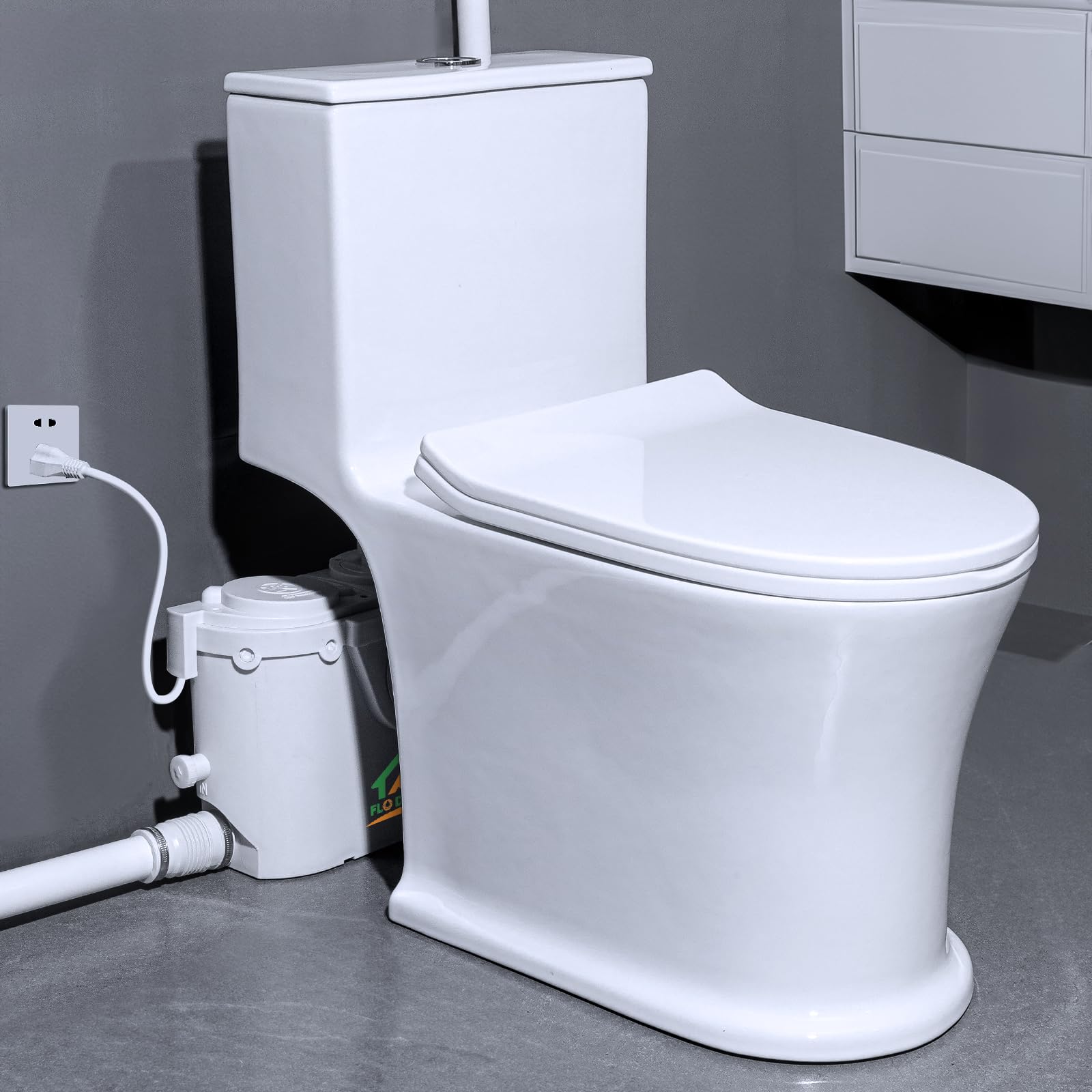 800 Watt High Power Macerating Toilet with Macerator Pump For Basement Upflush System, Powerful & Quiet Elongated One-Piece Dual-Flush Toilet, Glazed Surface, 36FT Vertically