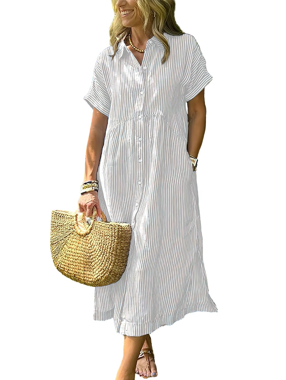 ebossy Women's Boho Striped Shirt Dress Button Up Side Slit Loose Mid Long Cotton Dress with Pockets