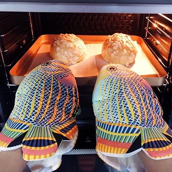 Deep-Sea Fish Oven Microwave Mitts Cartoon Fish Shape Cotton Oven Mitts Anti-Heat Baking Cooking Grilling Gloves Recycled Kitchen Ovens Gloves Pot Holder Mitt for BBQ Baking Supplies