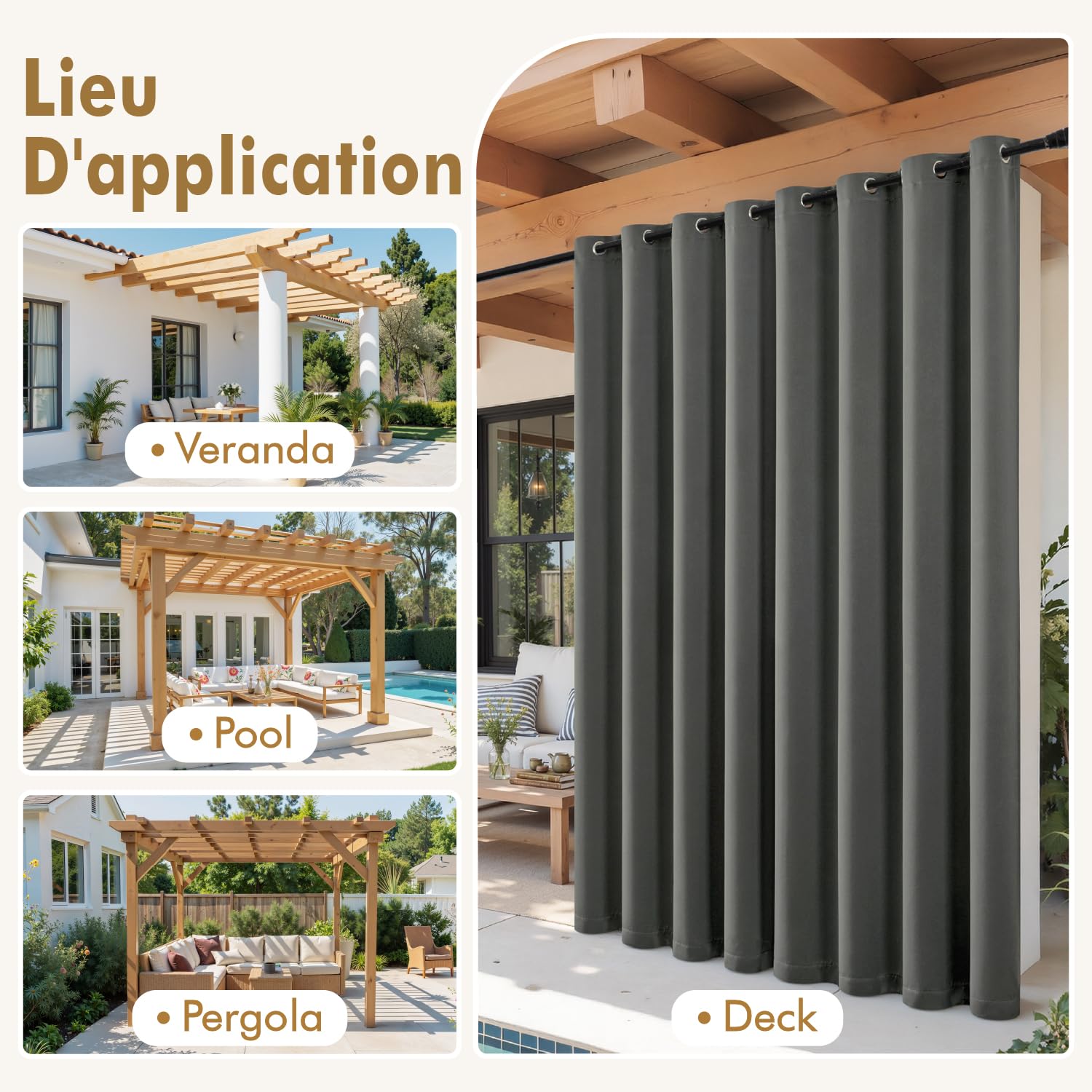MIULEE Rideaux d'extérieur imperméable à Double Oeillets Protection Solaire Rideau Impermeable Exterieur pour pergola extérieur Balcon Cour Porche, 132 x 215 cm, Lot de 2, Gris