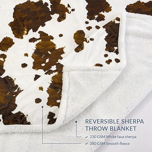 Miniatura 3 de Indigo Hill by HiEnd Accents - Manta Sherpa con estampado de vaca Elsa, manta de piel de vaca marrón rústica para acampar al aire libre, manta de