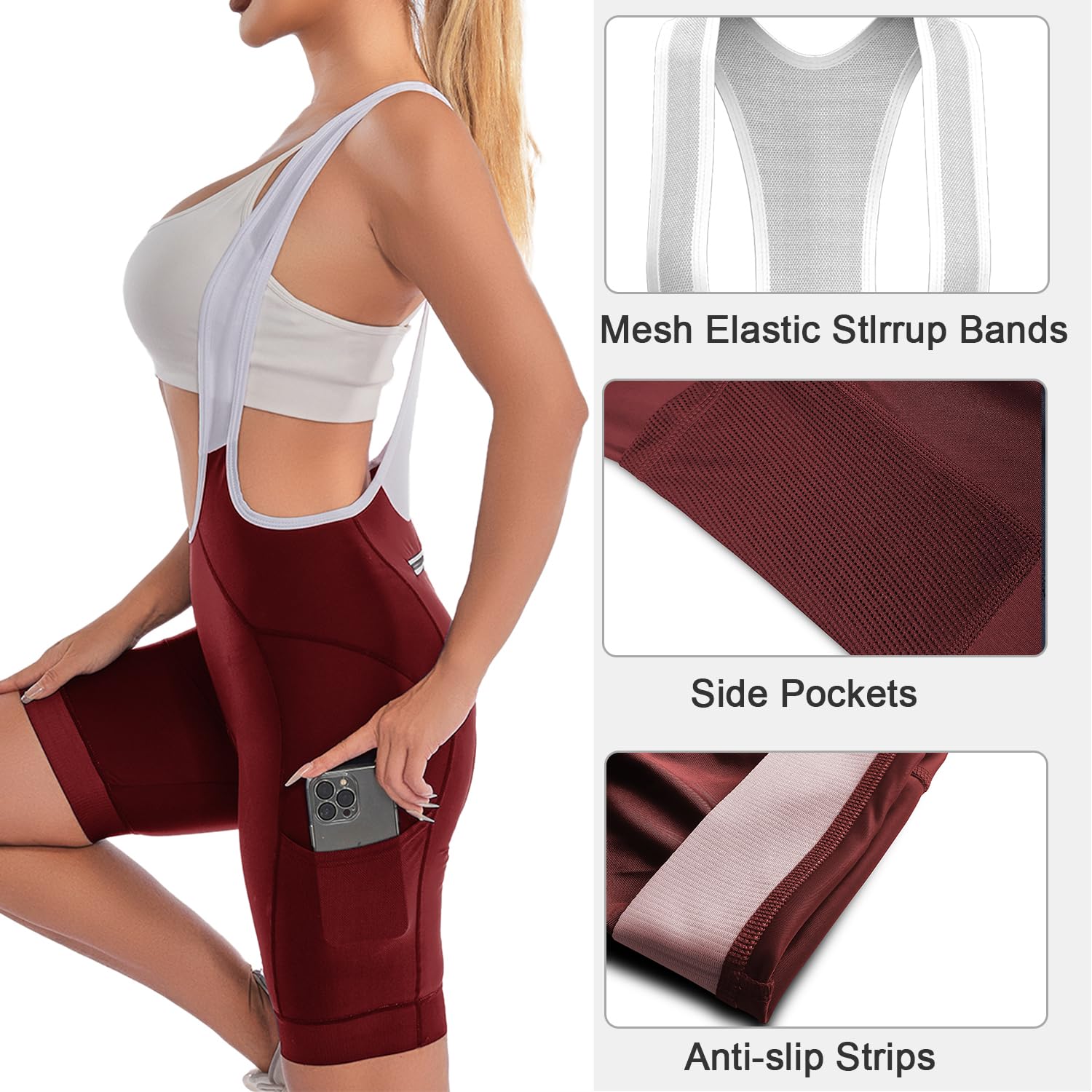 Lo.gas Fahrradhose Damen Gepolstert Mit TräGer Fahrrad TräGerhose Damen Bib Shorts Fahrradhose Schnell Trocknende StoßFeste Fahrradunterhose Mit 4d Polster Tasche Burgund XXL