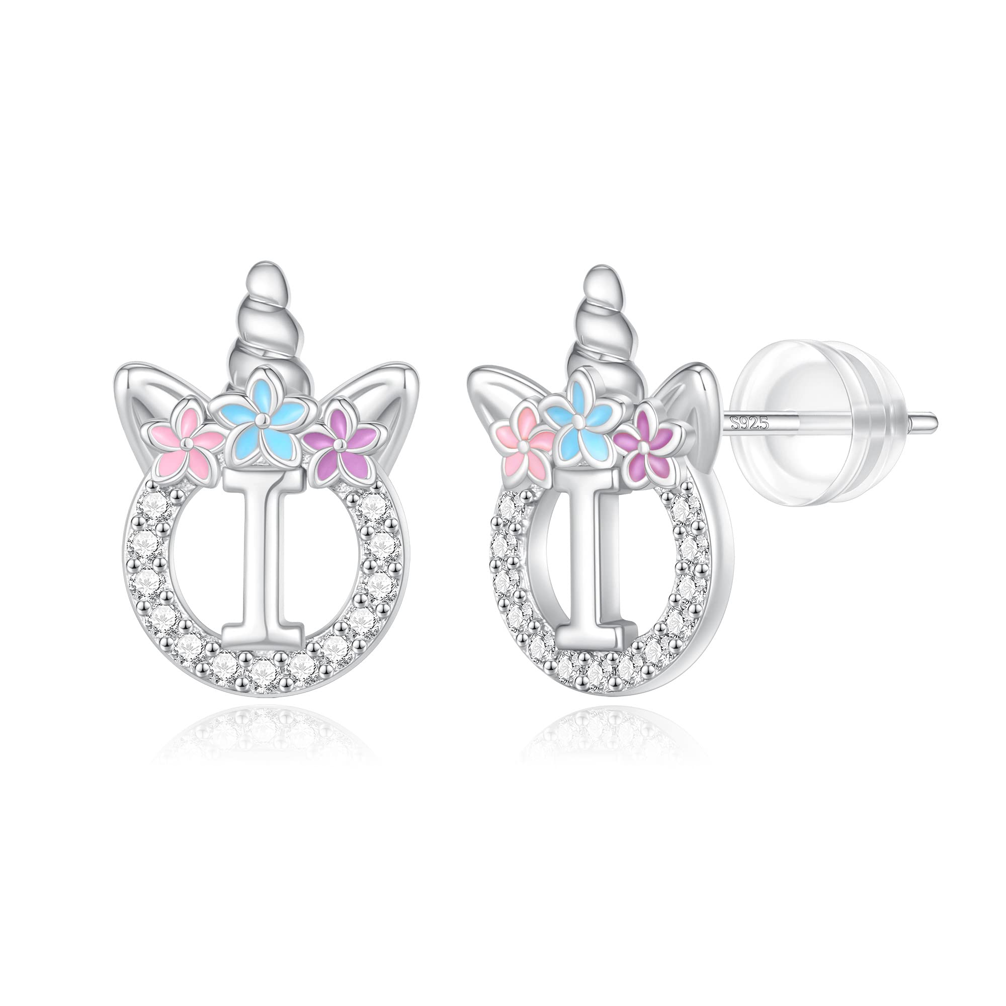 Unicorn Earrings Gifts for Girls - 925 Sterling Silver Stud Earrings Hypoallergenic Initial Unicorn Earring for Girls Kids Jewelry CZ Birthday Gifts
