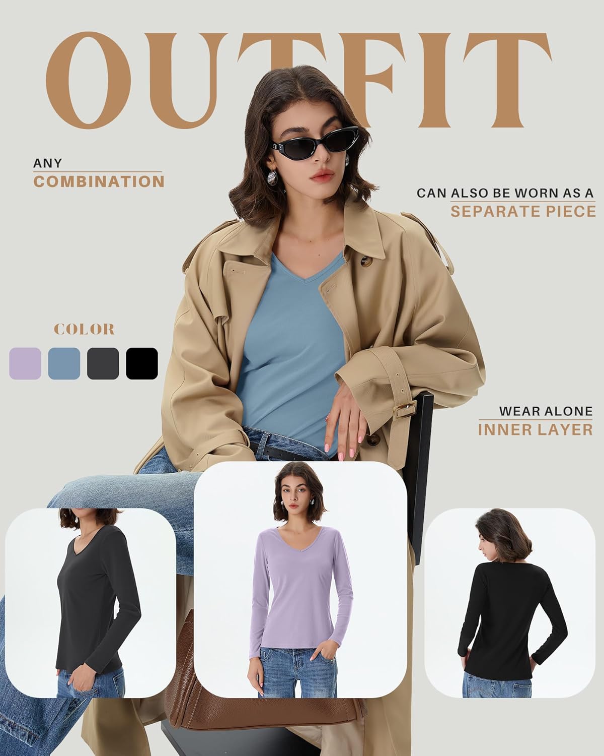 4 Pack Women's Long Sleeve Thermal Shirts Fleece Lined V Neck Slim Fit Underwear Base Layer Basic Winter Warm Tops - Image 6