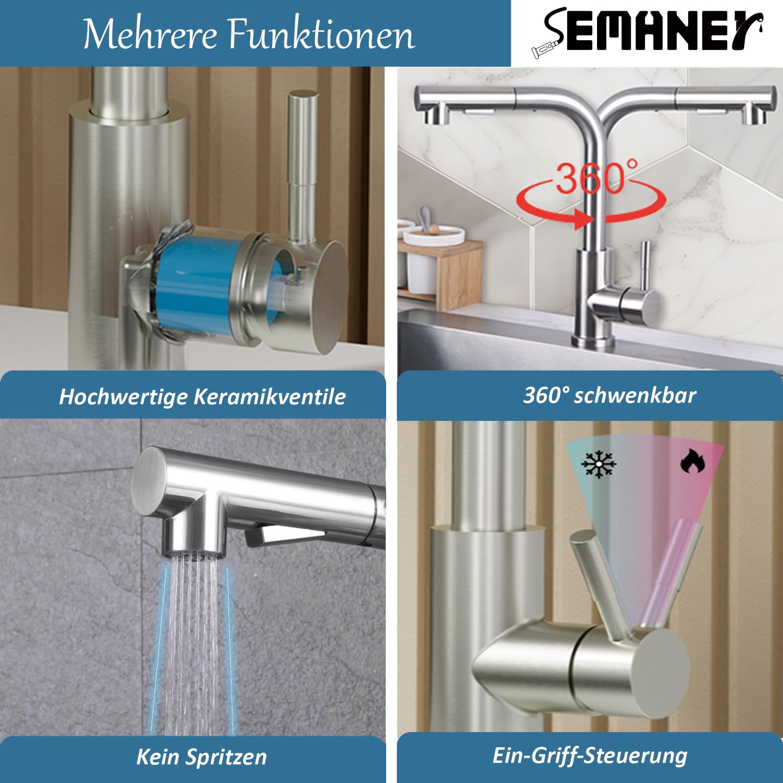 Hochdruck Wasserhahn Küche ausziehbar, SEMANEY 2 Modi Küchenarmatur mit Brause Ausziehbar, 360° Schwenkbar Spültischarmatur Mischbatterie Küche, L Form Einhebelmischer Armatur Küche, Gebürstet