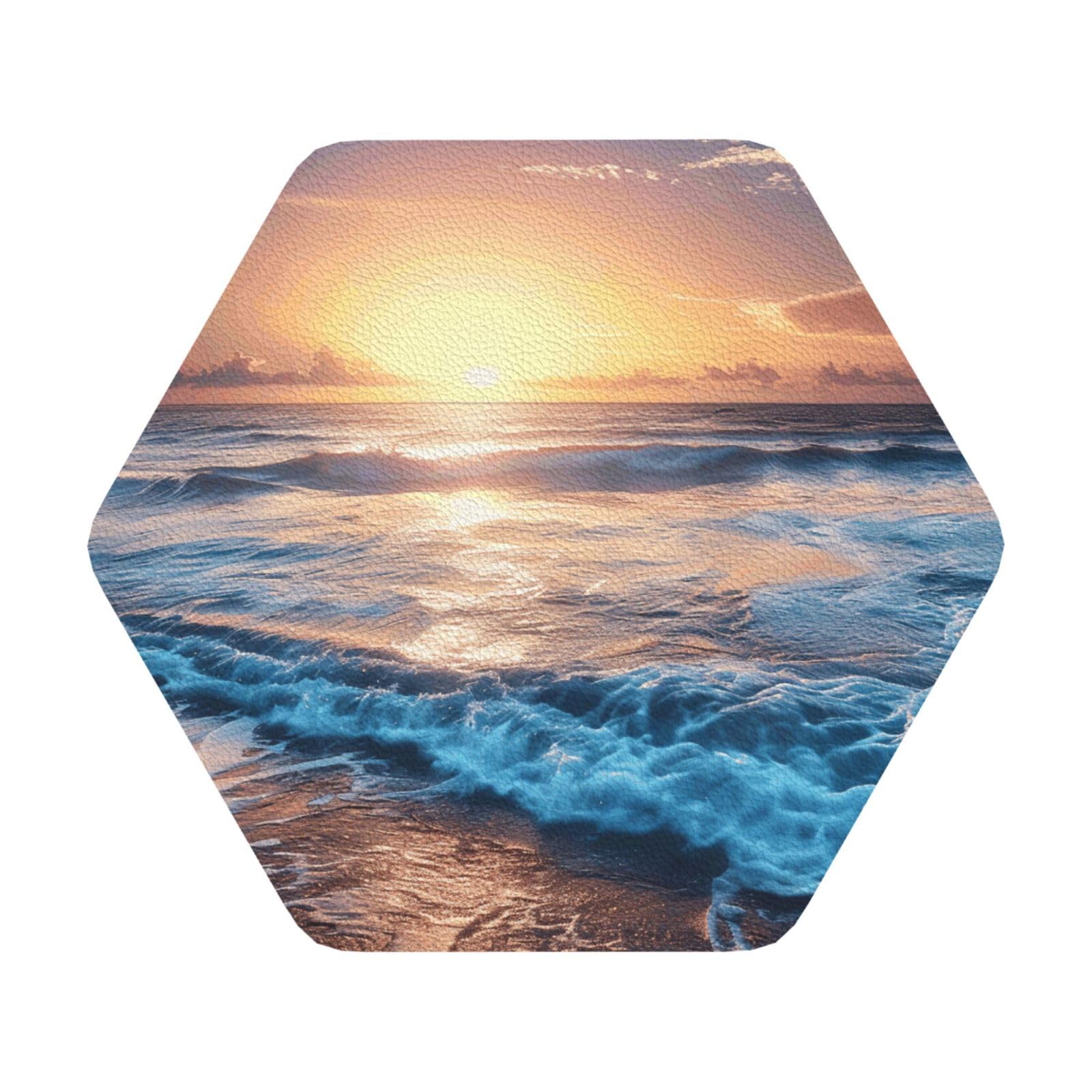 Sunrise Print Leather Coaster Set of 6, Hexagon Coasters Table Decorative Coffee Cup Beverage Coasters Wine Beer Bar Coasters for Hot Drinks Table Protection