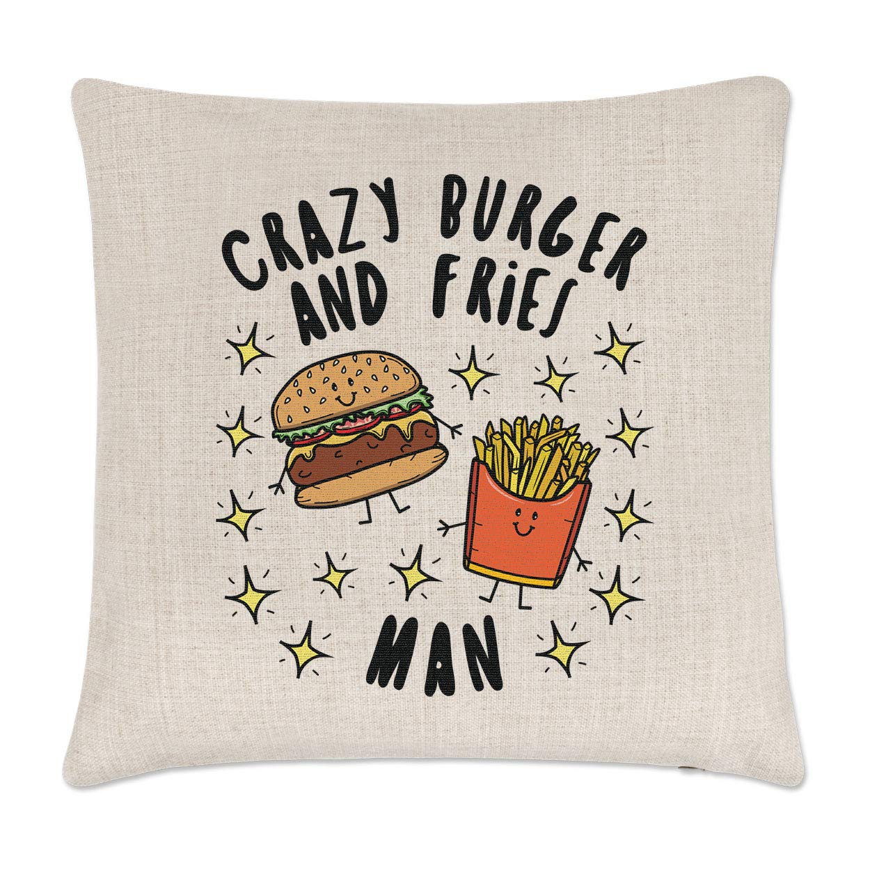 Cuscino Divertente Gift Base Pazzo Burger Uomo Stars – Federa 40x40cm In Effetto Lino, Regalo Originale