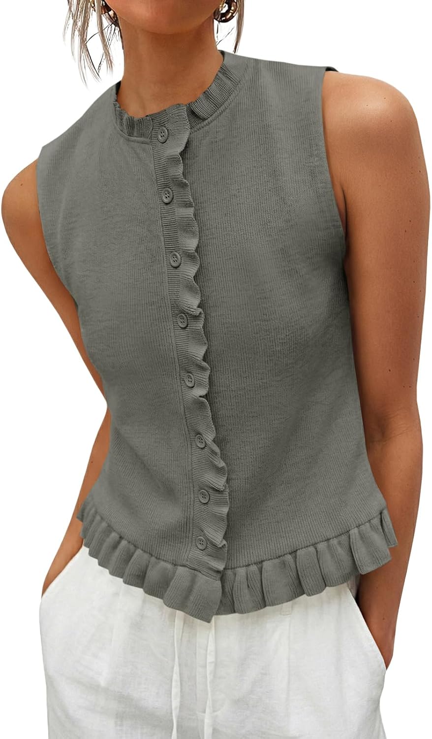 Saodimallsu Womens Sleeveless Sweater Vest Ruffle Button Down Knit Tank Top Summer Trendy Going Out Vest Tops