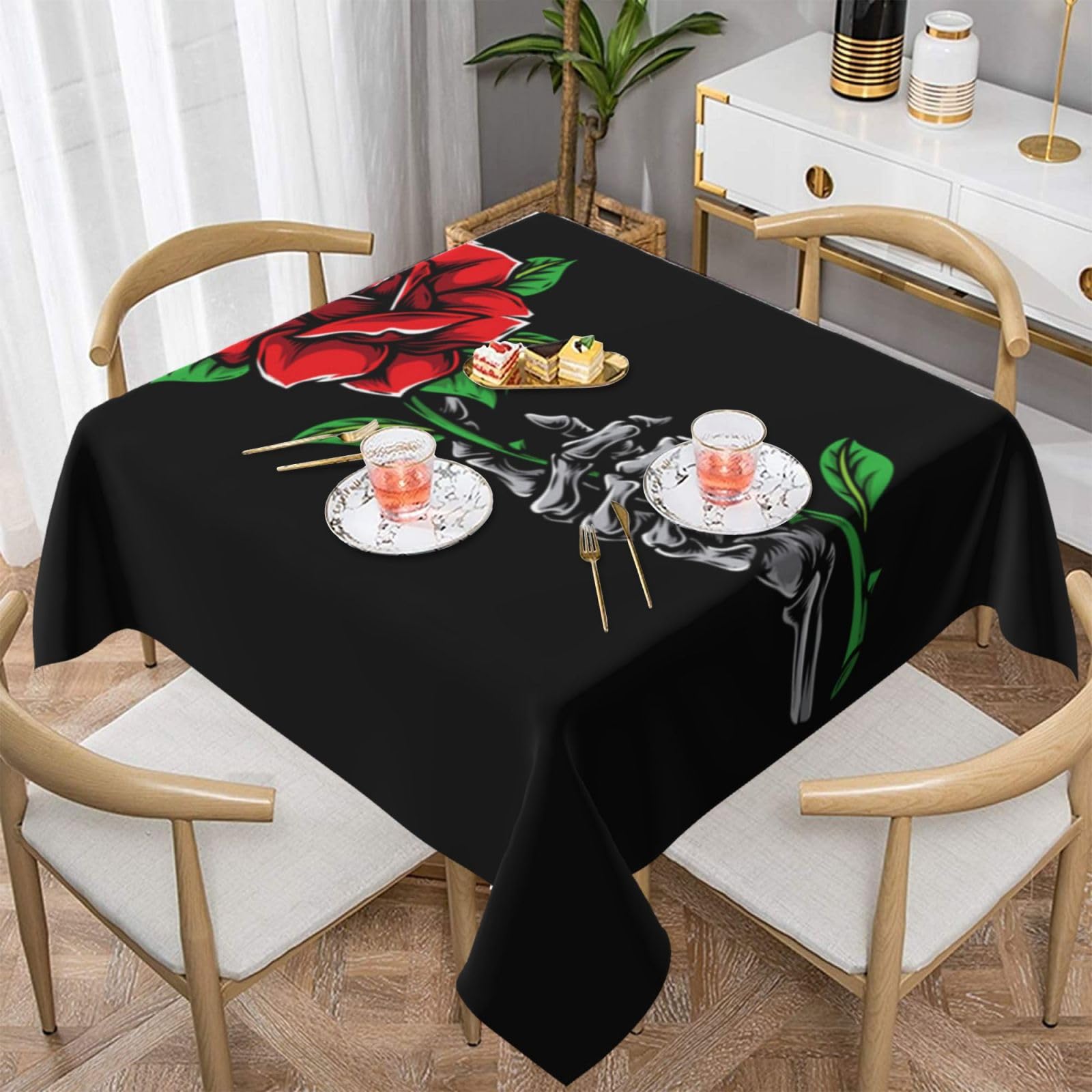 DCEHGEW Skull Rose Prints Square Tablecloth 152x152 CM, Waterproof Fabric Table Cloth for Dining Table, Farmhouse Table Cover for Kitchen Dining Tabletop Decoration
