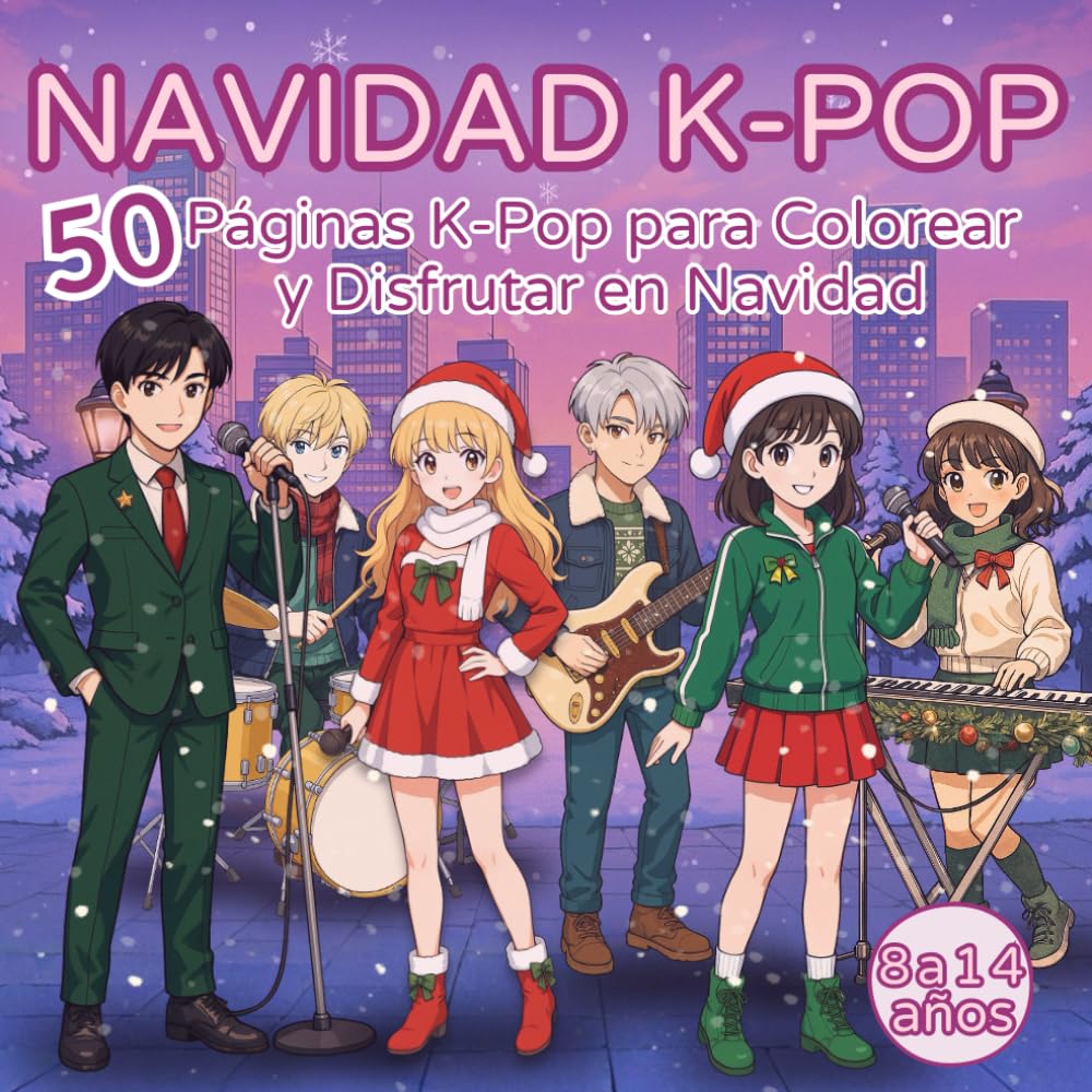 NAVIDAD K-POP – Libro para Colorear con 50 Dibujos de Ídolos Estilo K-pop: un regalo creativo para niñas y adolescentes que aman el estilo K-pop y la magia de Navidad