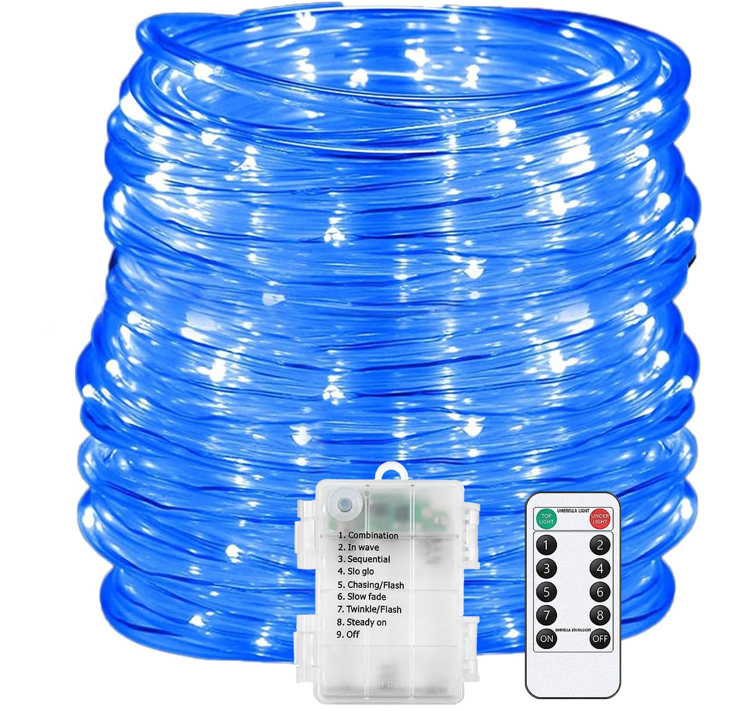 DINOWIN LED Rope Lights with Remote Waterproof Battery Powered Tube String Lights 8 Mode Timer LED Fairy Lights Decoration for Party Wedding Garden Christmas (Blue, 20M 200LED)