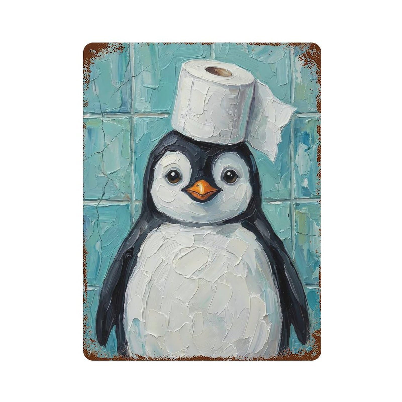 Penguin Toilet Paper Hat Decorative Tin Sign 15.7"x11.8", Shabby Chic Decor for Garage, Pub Or Kitchen