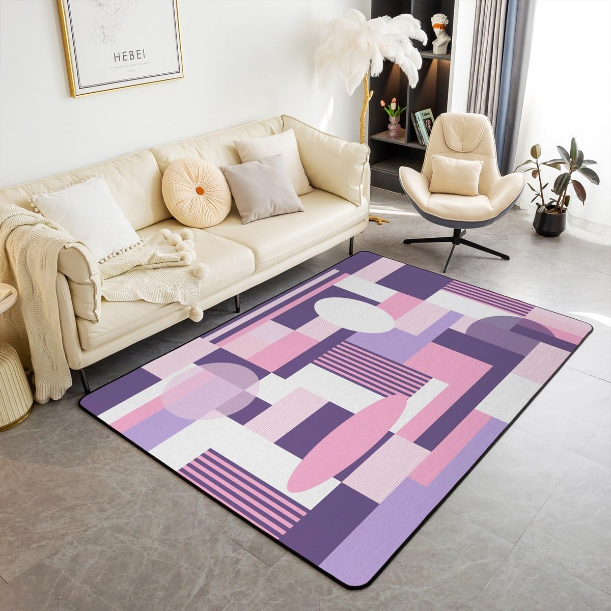 Feelyou Geometric Area Rug 3x5 Pink White Purple Decorative Rug for Boys Girls Teens Rectangle Square Living Room Rugs Modern Abstract Art Indoor Floor Mat Room Decor Accent Rug