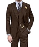 Retro Mens 3 Piece Suit Tweed Herringbone Slim Fit Suits Groomsmen Brown Tuxedos Set Prom Jacket Blazer Vest Pants for Men