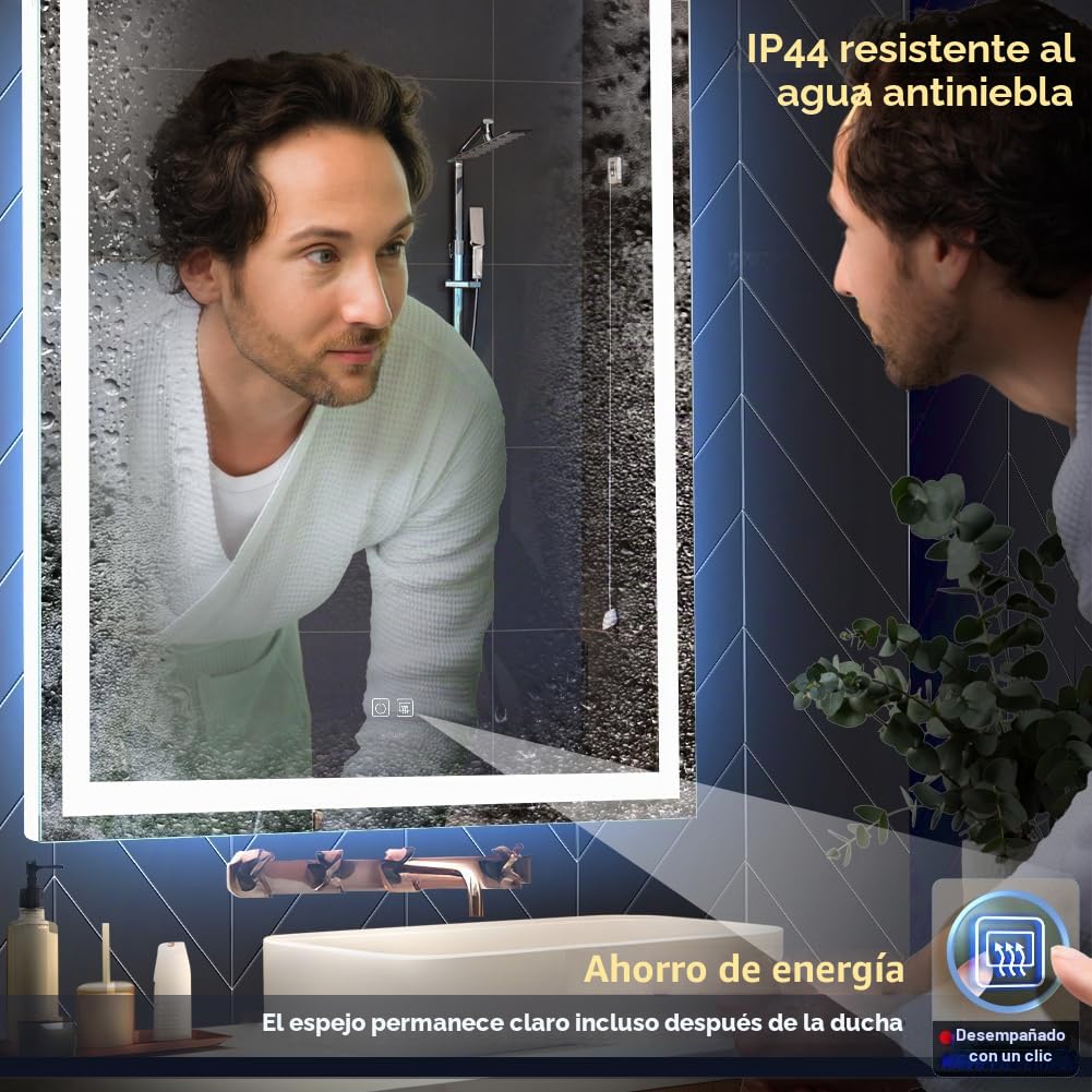GANPE Espejo de baño LED, Espejo de Maquillaje montado en la Pared, 6500 K LED de Alto Lumen antiniebla, IP44 Resistente al Agua+Vertical y Horizontal (90 x 60 cm)