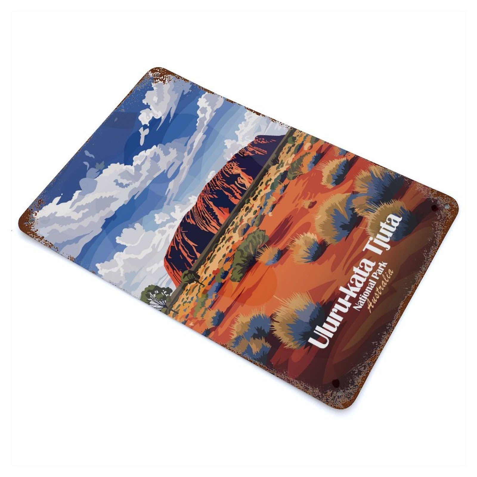 Rust Effect Uluru-Kata Tjuta National Park Illustration Decorative Tin Sign 11.8"x7.9", Vintage Wall Decor for Farmhouse, Kitchen And Entryway Decor