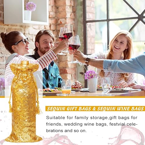 Miniatura 6 de Eternal Beauty 4 bolsas de regalo de vino con cordón, bolsa de regalo de botella de vino de lentejuelas para bodas de cumpleaños (14 x 6 pulgadas,