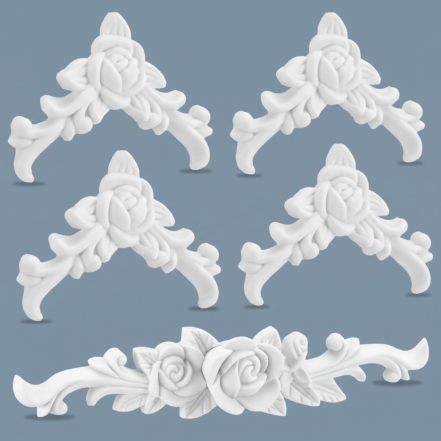 Set of 5 Baroque Style Carved Floral Appliques Onlays - White PVC 3D Curlicues Corner Wall Appliques Sculpted Scroll DIY Decorative for Furniture Home Door Cabinet Mirror Closet(Rose)