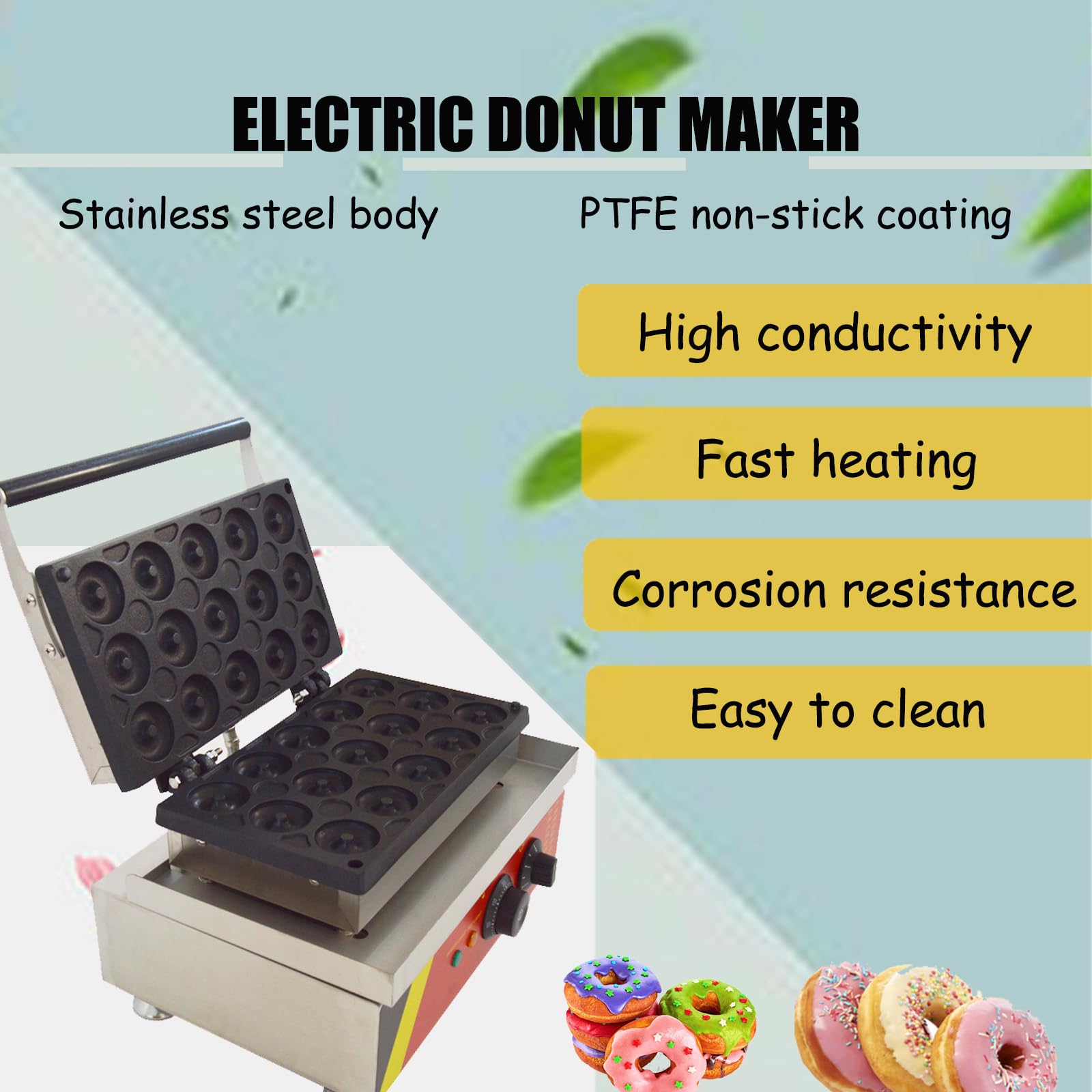 PreAsion 15pcs Mini Donut Maker Electric Mini Donut Maker Double-side Heated 0-300 Non-stick Coating Donut Maker for Kitchen Dessert Shop