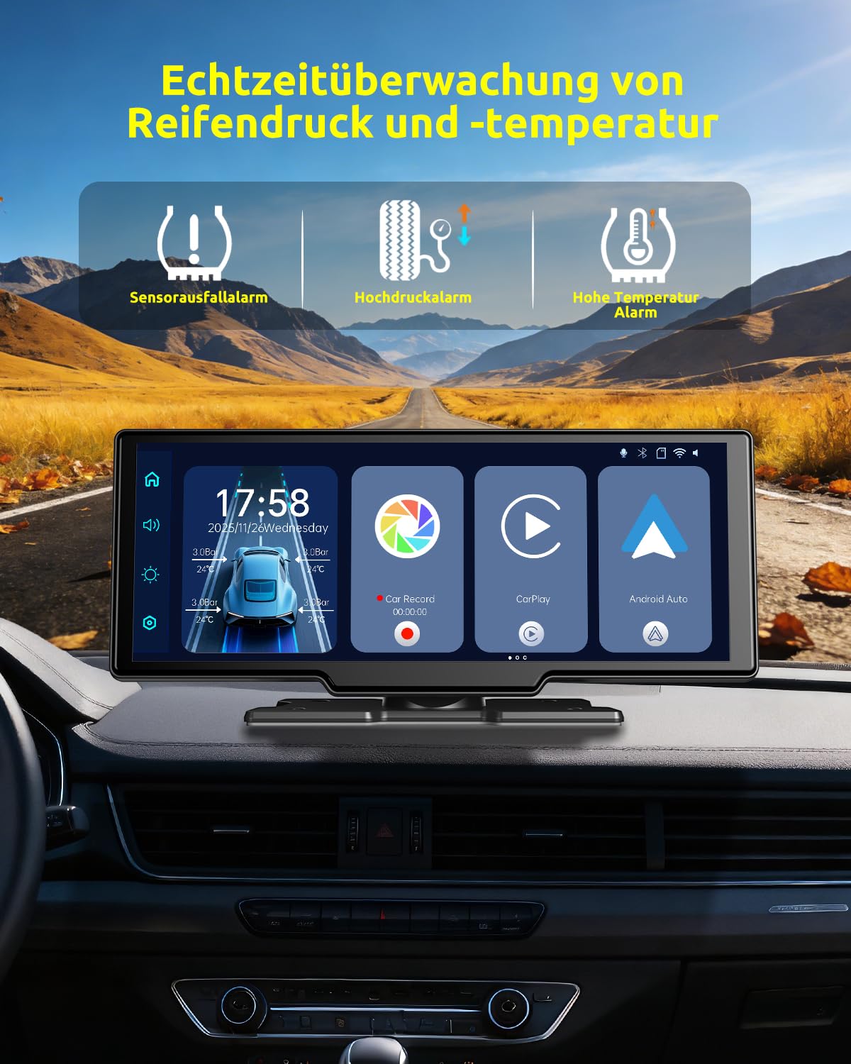 ESSGOO 10.26 Zoll Kabelloses CarPlay Display mit 4K Dashcam,1080P Rückfahrkamera & 4 Reifendruckkontrollgeräte Drahtlos CarPlay & Android Auto,Bluetooth 5.3,Mirror Link,GPS,FM,Sprachsteuerung,64GB TF