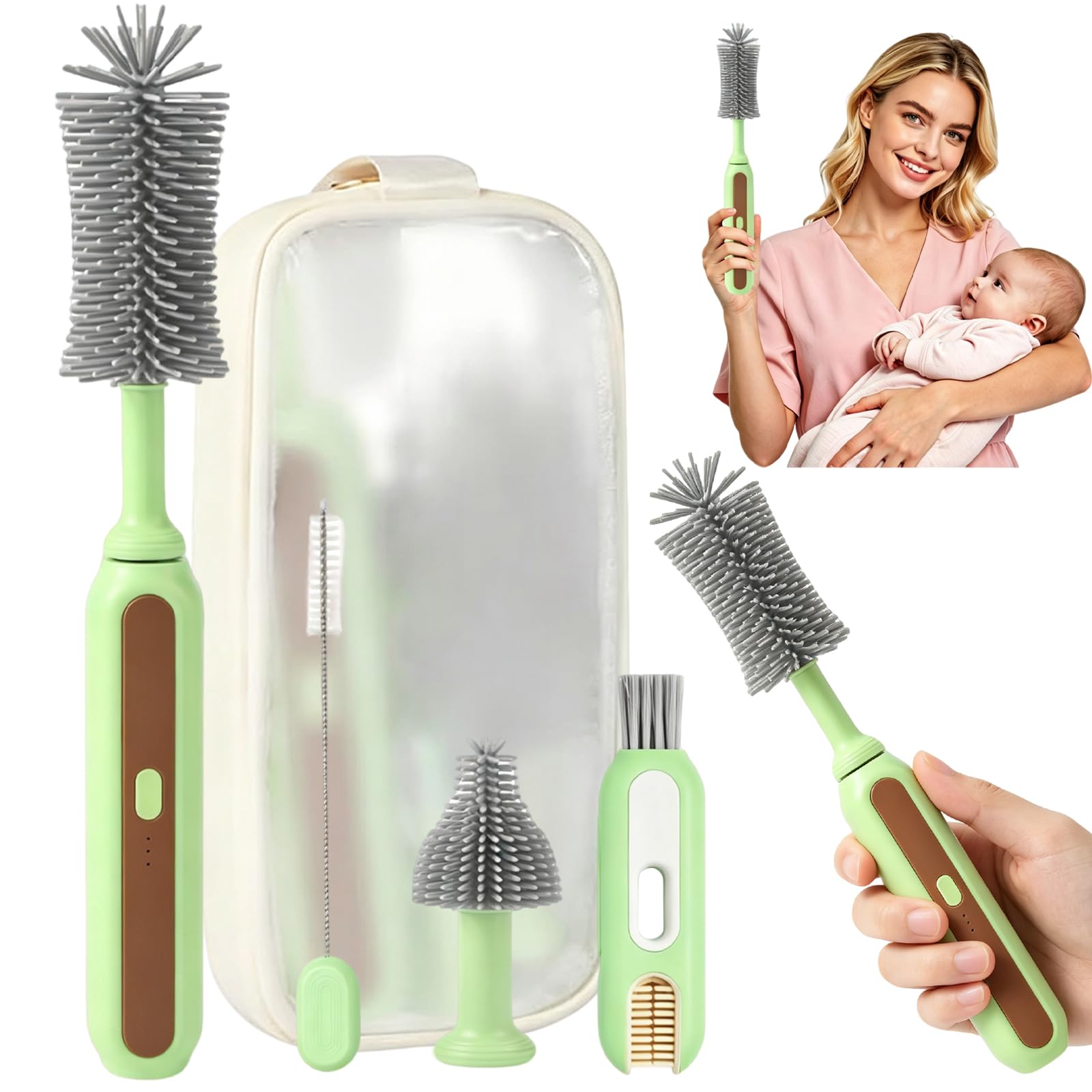 Limpiador eléctrico de cepillos para biberones, kit de viaje 5 en 1 con bolsa de almacenamiento, silicona de grado alimenticio, batería de larga duración, juego de cepillos portátiles para limpiar